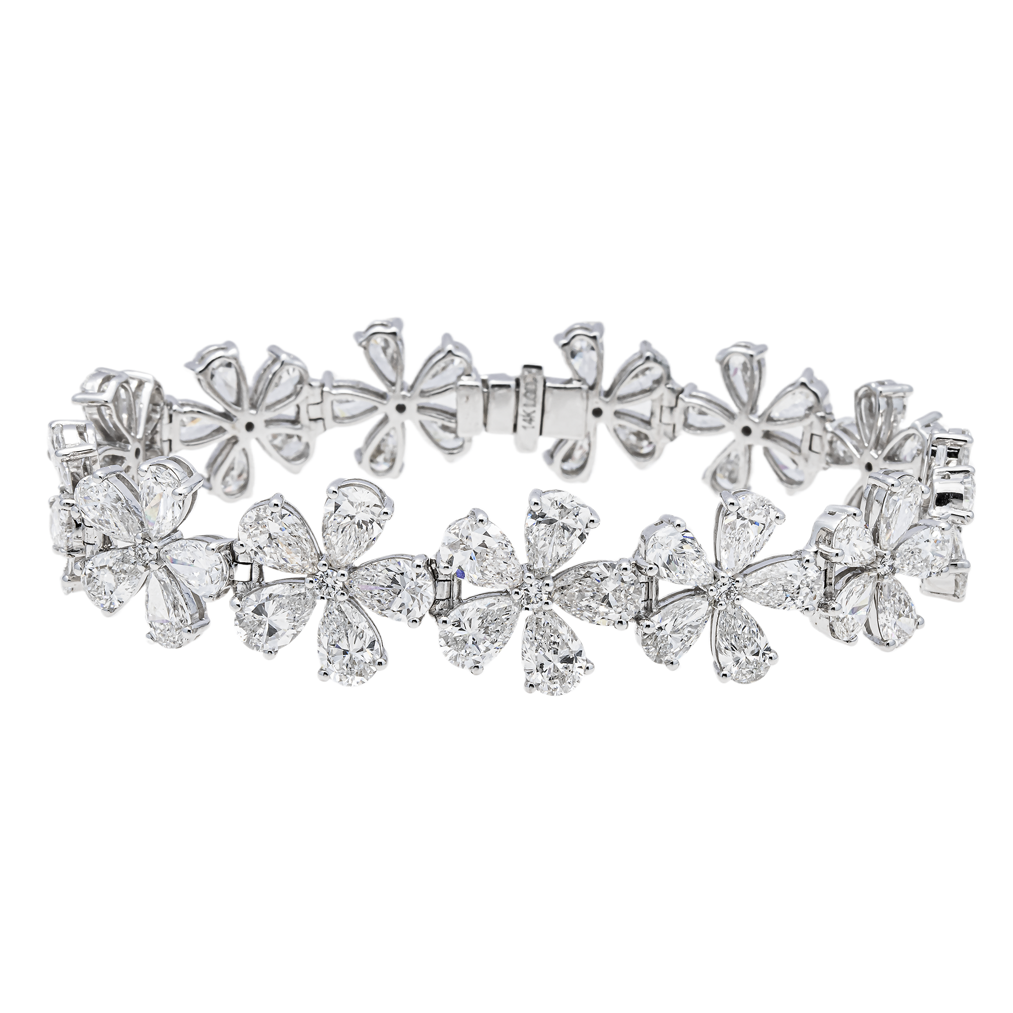 14K White Gold Pear Shape Diamond Flower Cluster Bracelet – Prong Set
