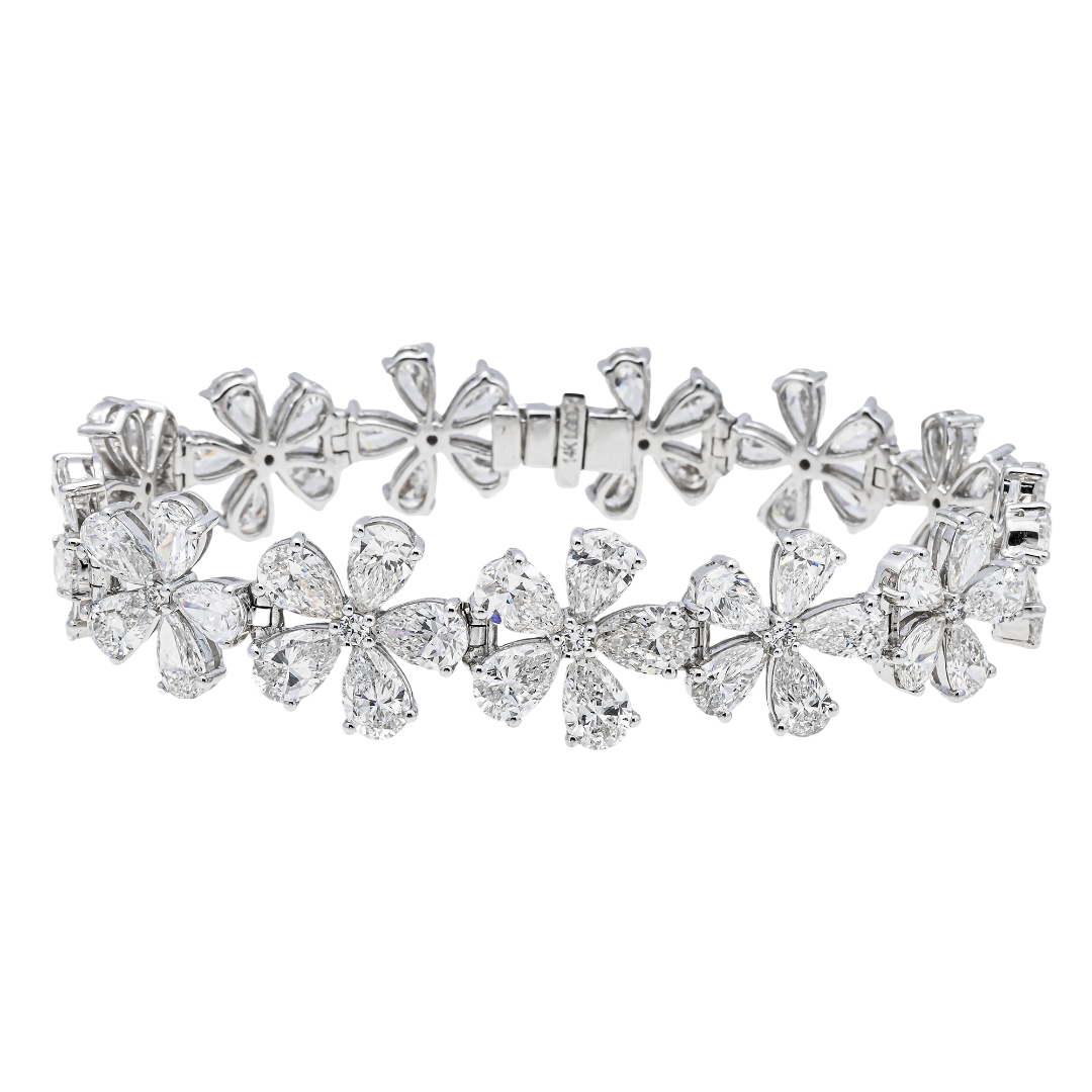 14K White Gold Pear Shape Diamond Flower Cluster Bracelet – Prong Set