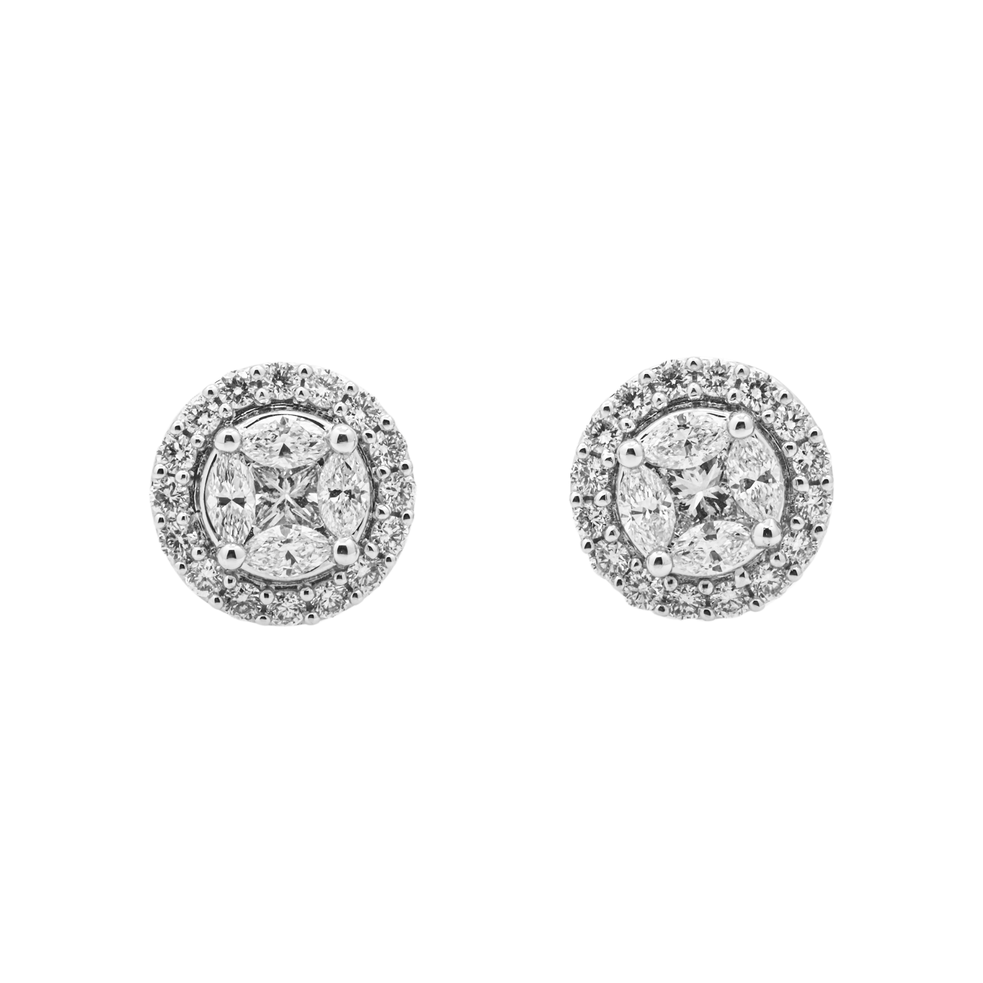 Round Halo Diamond Stud Earrings – 1.30 Carats Total, 18K White Gold