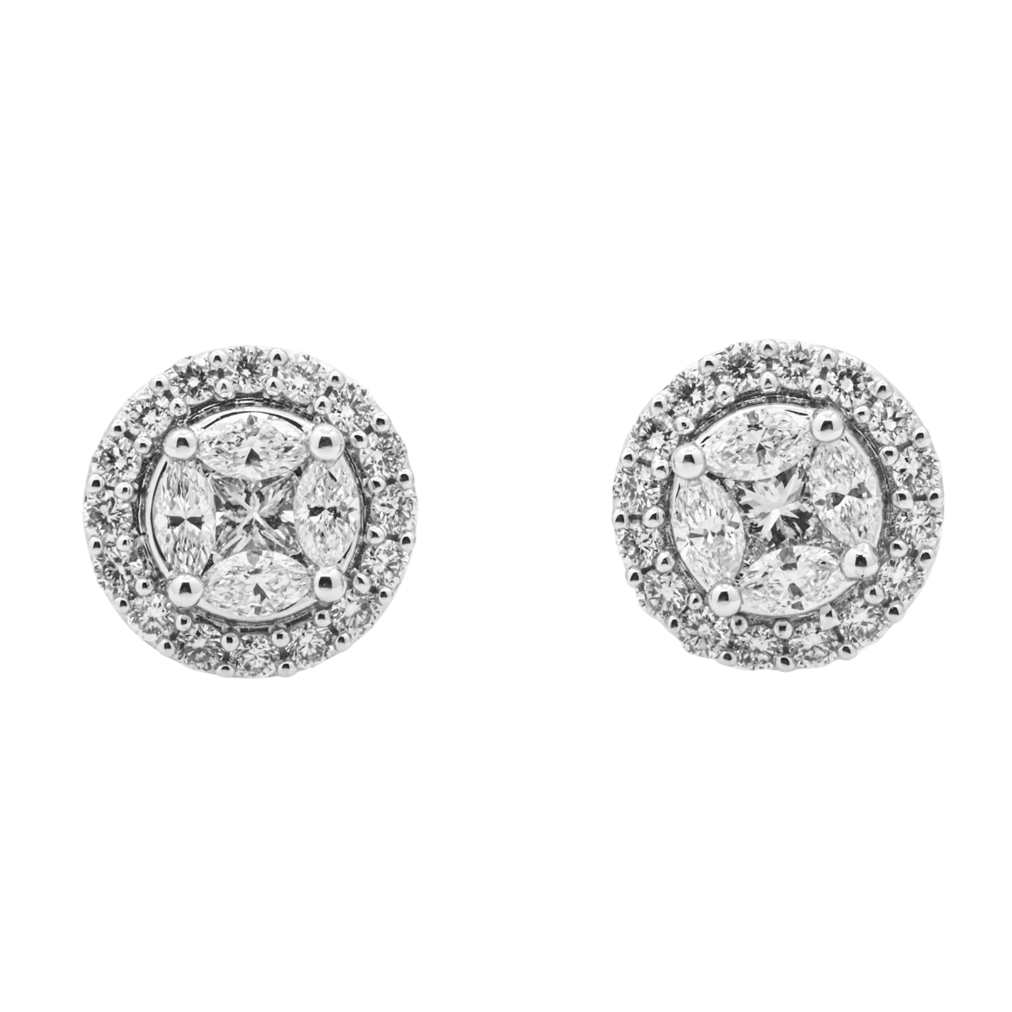 Round Halo Diamond Stud Earrings – 1.30 Carats Total, 18K White Gold