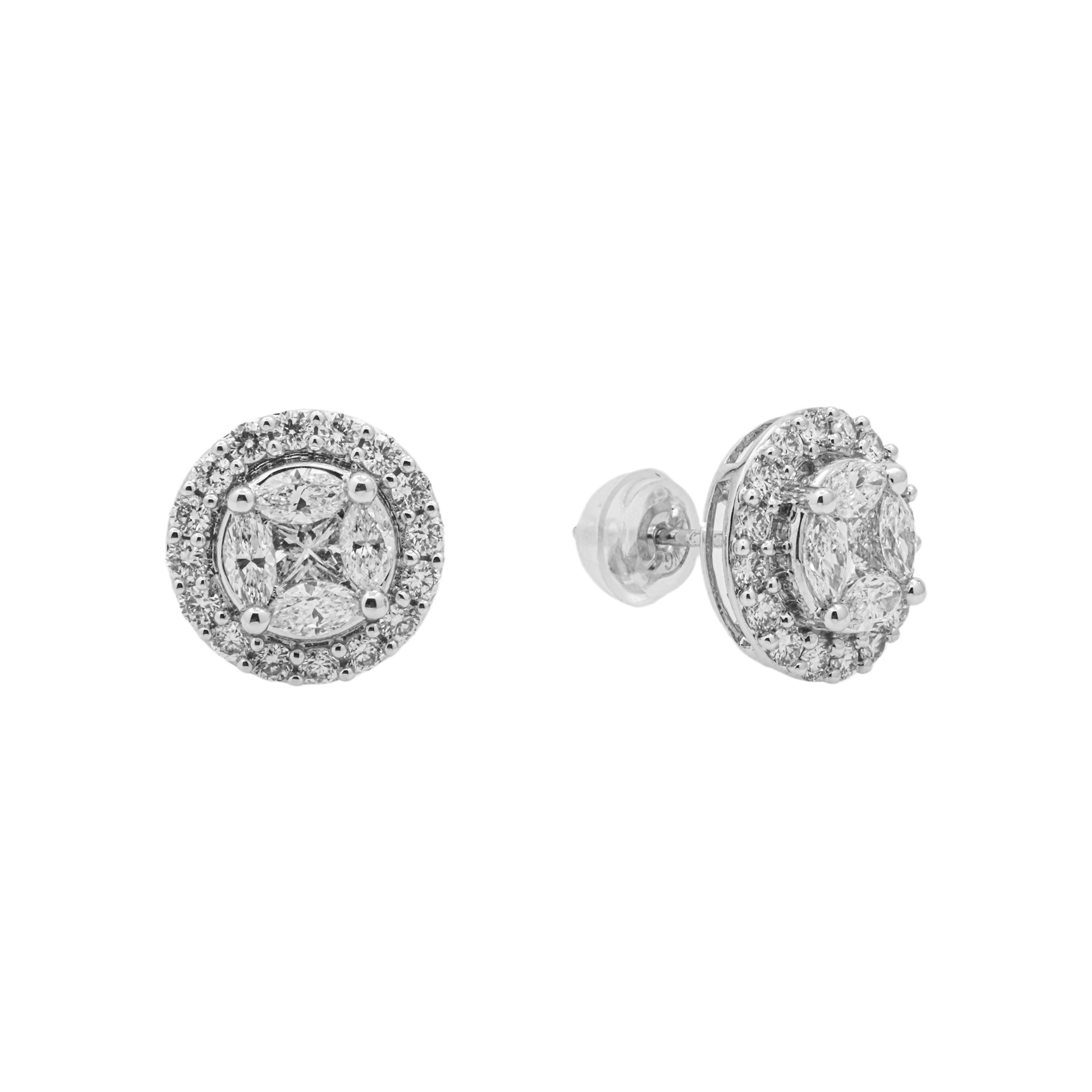 Round Halo Diamond Stud Earrings – 1.30 Carats Total, 18K White Gold