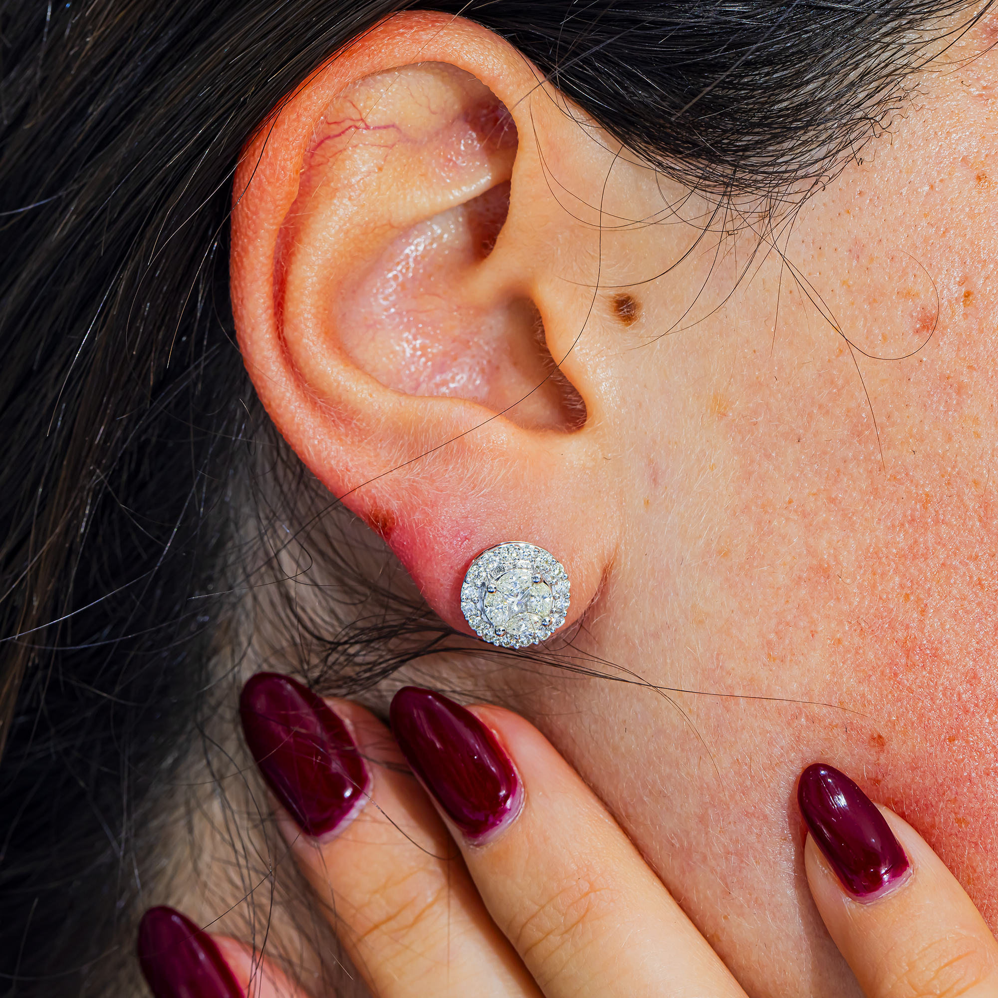 Round Halo Diamond Stud Earrings – 1.30 Carats Total, 18K White Gold