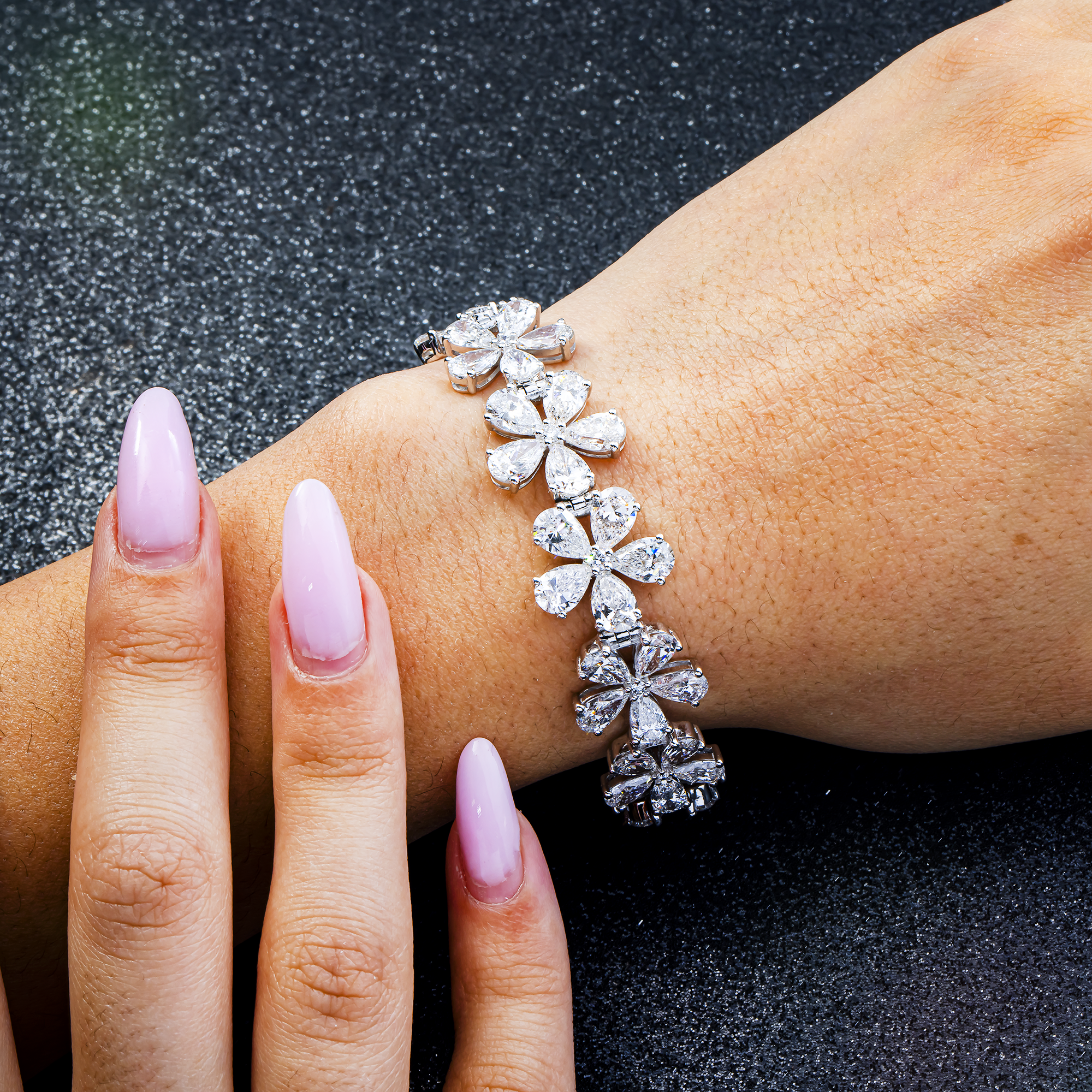 14K White Gold Pear Shape Diamond Flower Cluster Bracelet – Prong Set