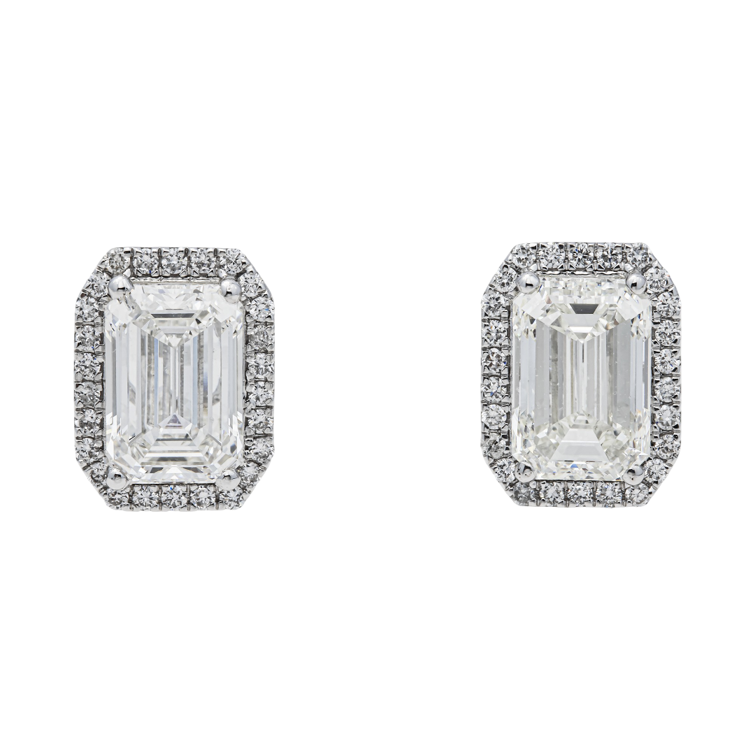 12K White Gold Emerald Cut Diamond Halo Stud Earrings