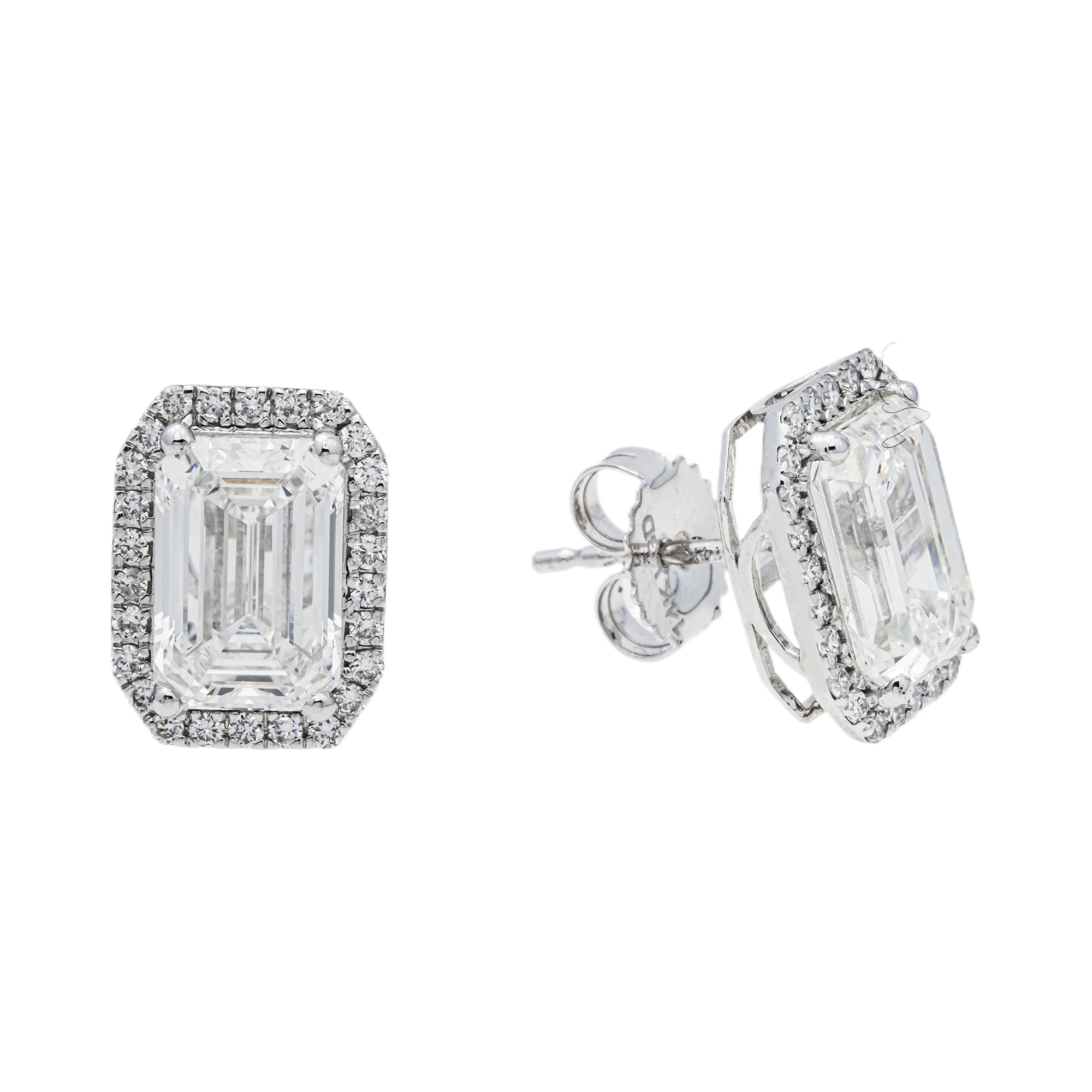 12K White Gold Emerald Cut Diamond Halo Stud Earrings