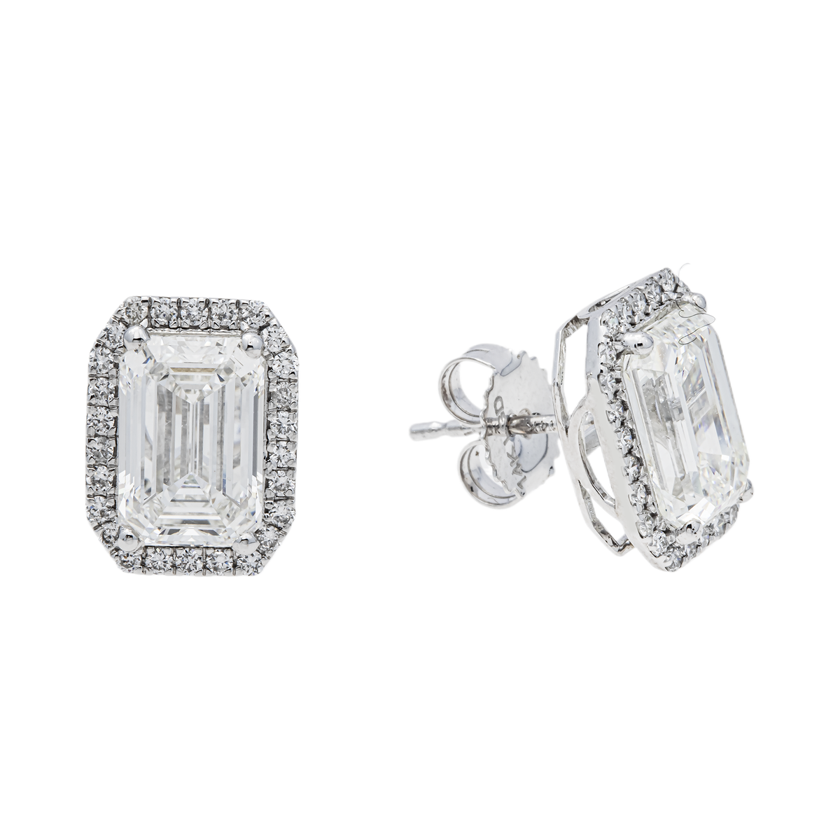 14K White Gold Emerald Cut Lab Grown Diamond Halo Stud Earrings