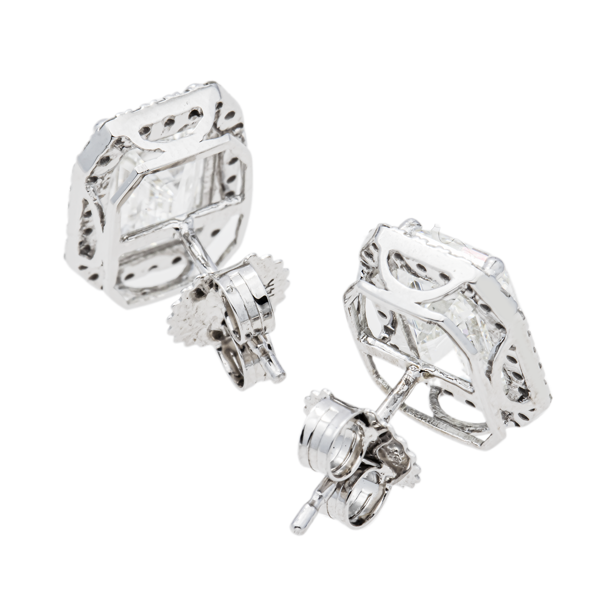 12K White Gold Emerald Cut Diamond Halo Stud Earrings