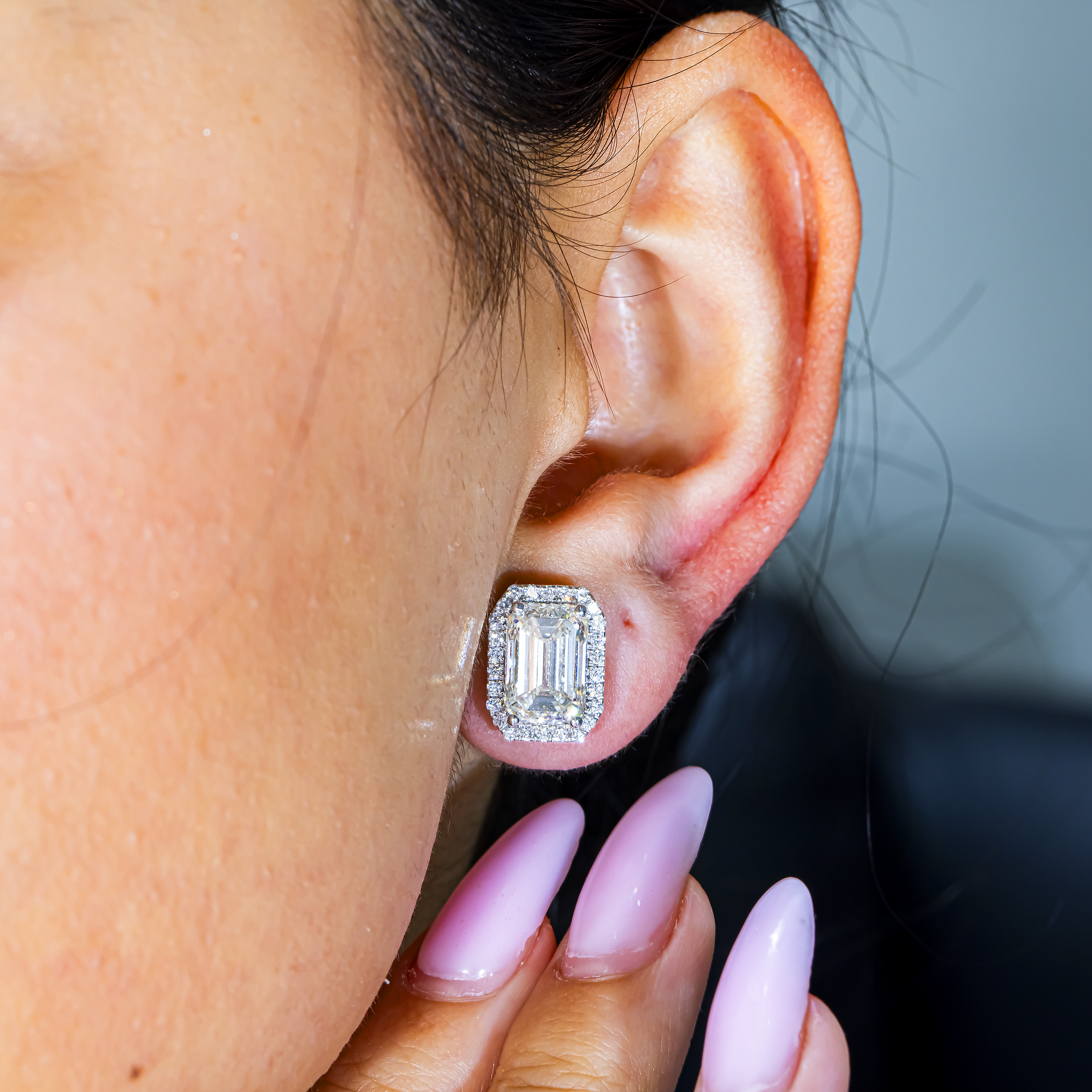 12K White Gold Emerald Cut Diamond Halo Stud Earrings