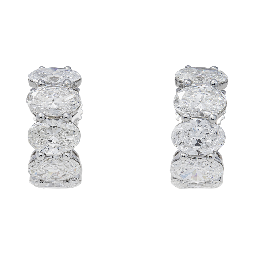 14K White Gold Oval Diamond Half Hoop Earrings