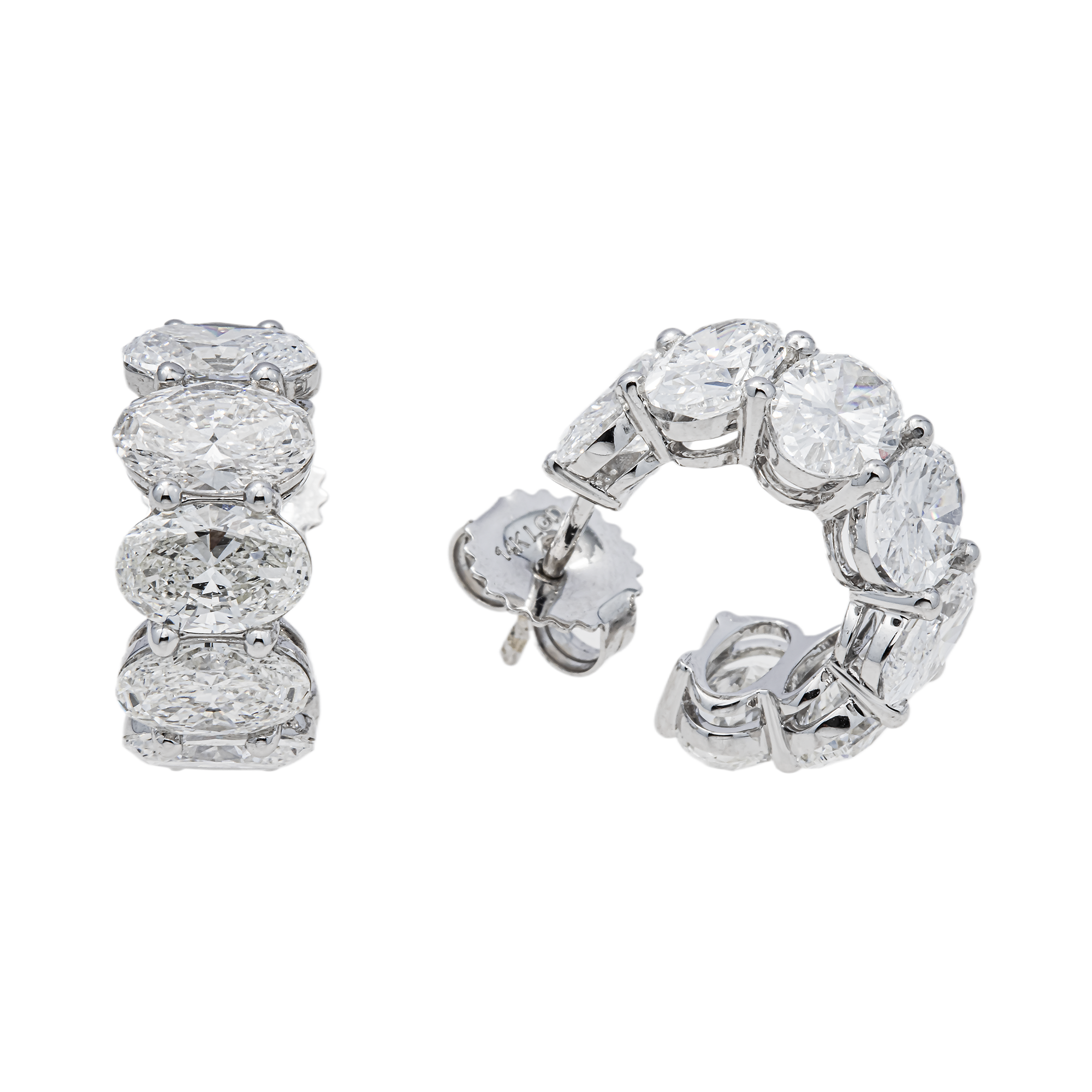 14K White Gold Oval Diamond Half Hoop Earrings