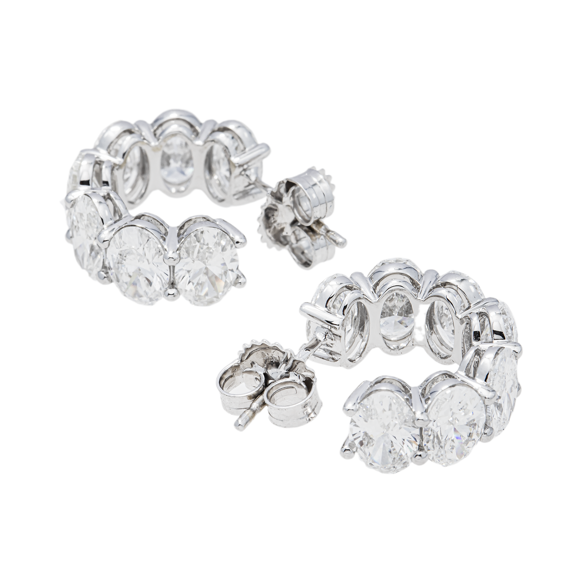 14K White Gold Oval Diamond Half Hoop Earrings