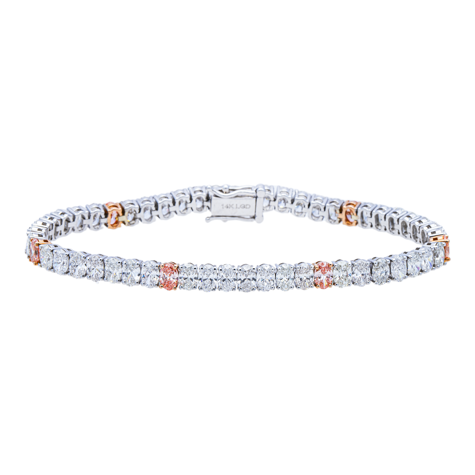 14K Two-Tone White Gold and Rose Gold Round Diamond Tennis Bracelet with Pink Diamond Stations