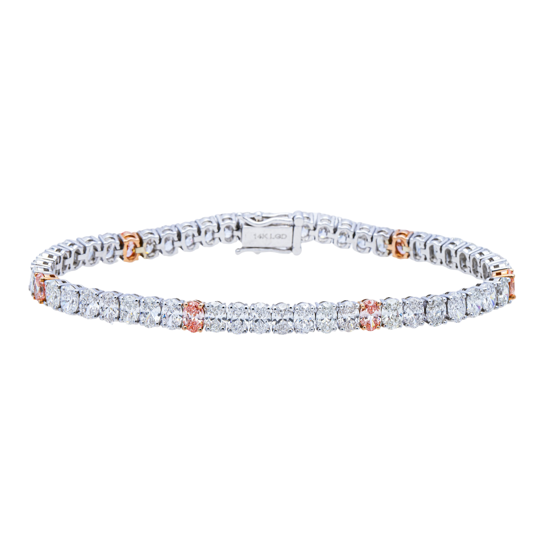 14K Two-Tone White Gold and Rose Gold Round Diamond Tennis Bracelet with Pink Diamond Stations