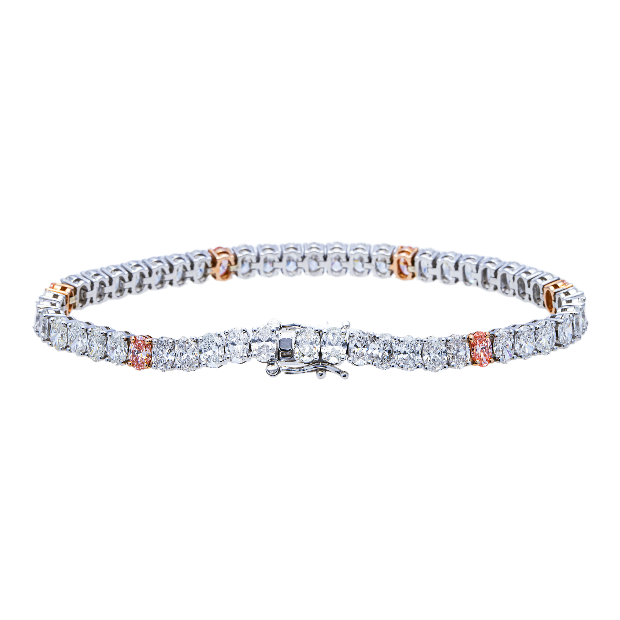 14K Two-Tone White Gold and Rose Gold Round Diamond Tennis Bracelet with Pink Diamond Stations
