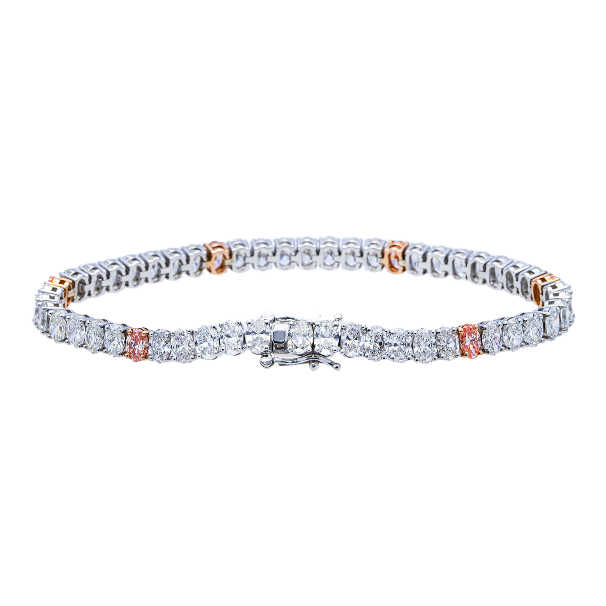 14K Two-Tone White Gold and Rose Gold Round Lab Grown Diamond Tennis Bracelet with Pink Diamond Stations