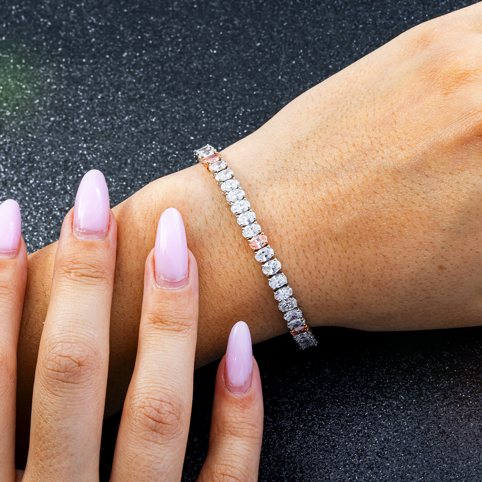 14K Two-Tone White Gold and Rose Gold Round Diamond Tennis Bracelet with Pink Diamond Stations