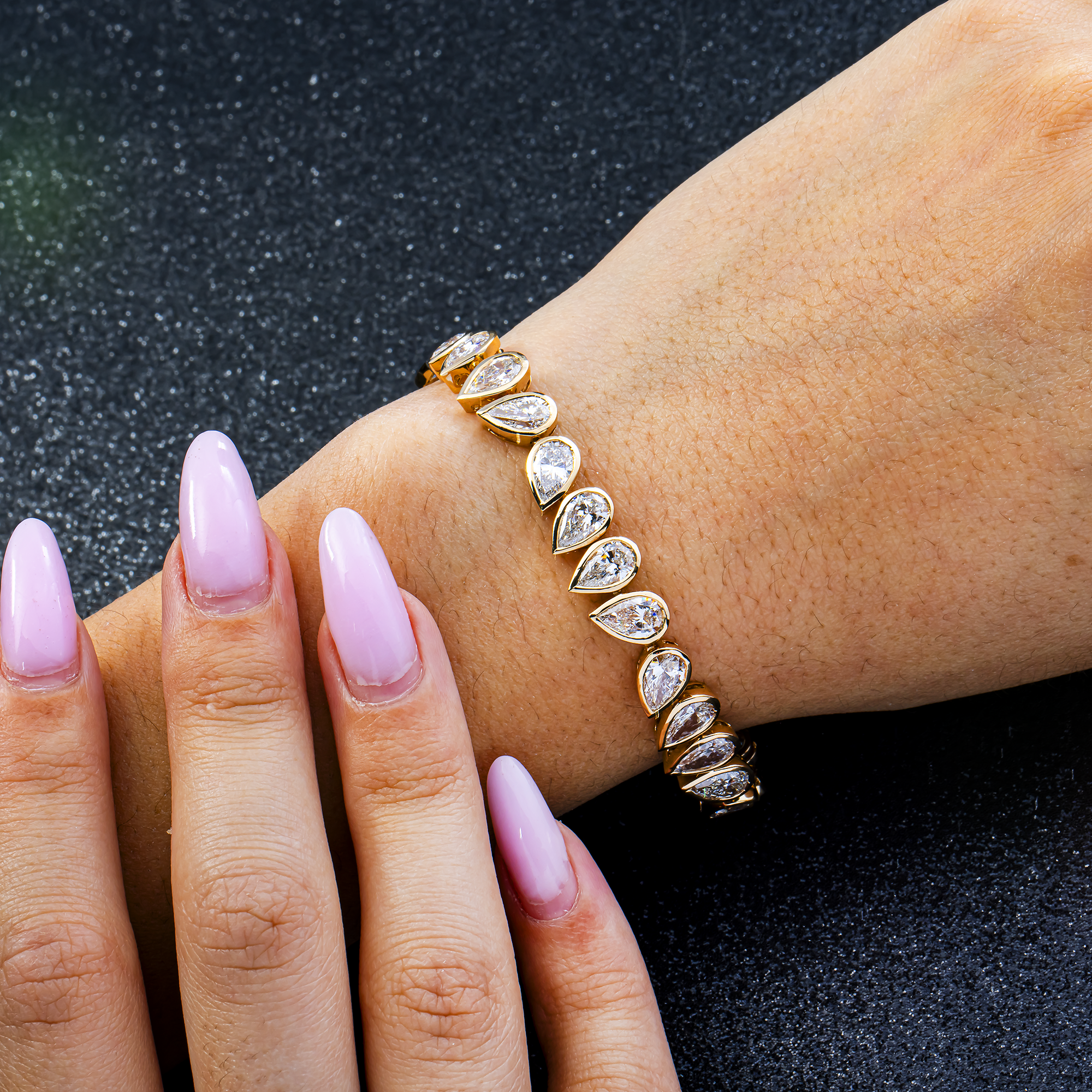 14K Yellow Gold Pear Cut Bezel Set Diamond Tennis Bracelet