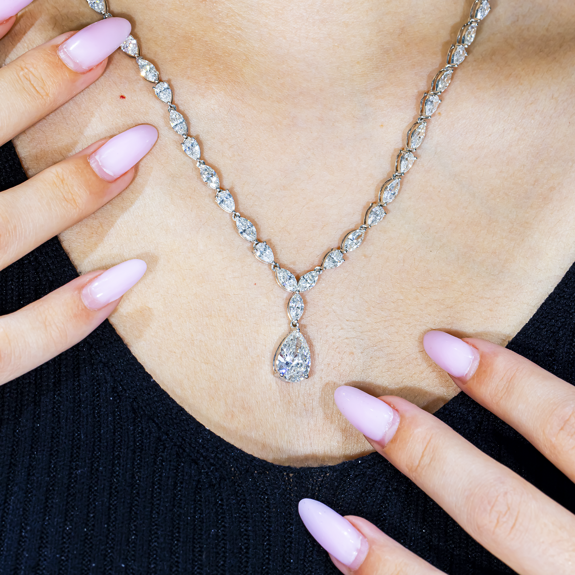 14K White Gold Lab Grown Pear Shape Diamond Station Drop Necklace