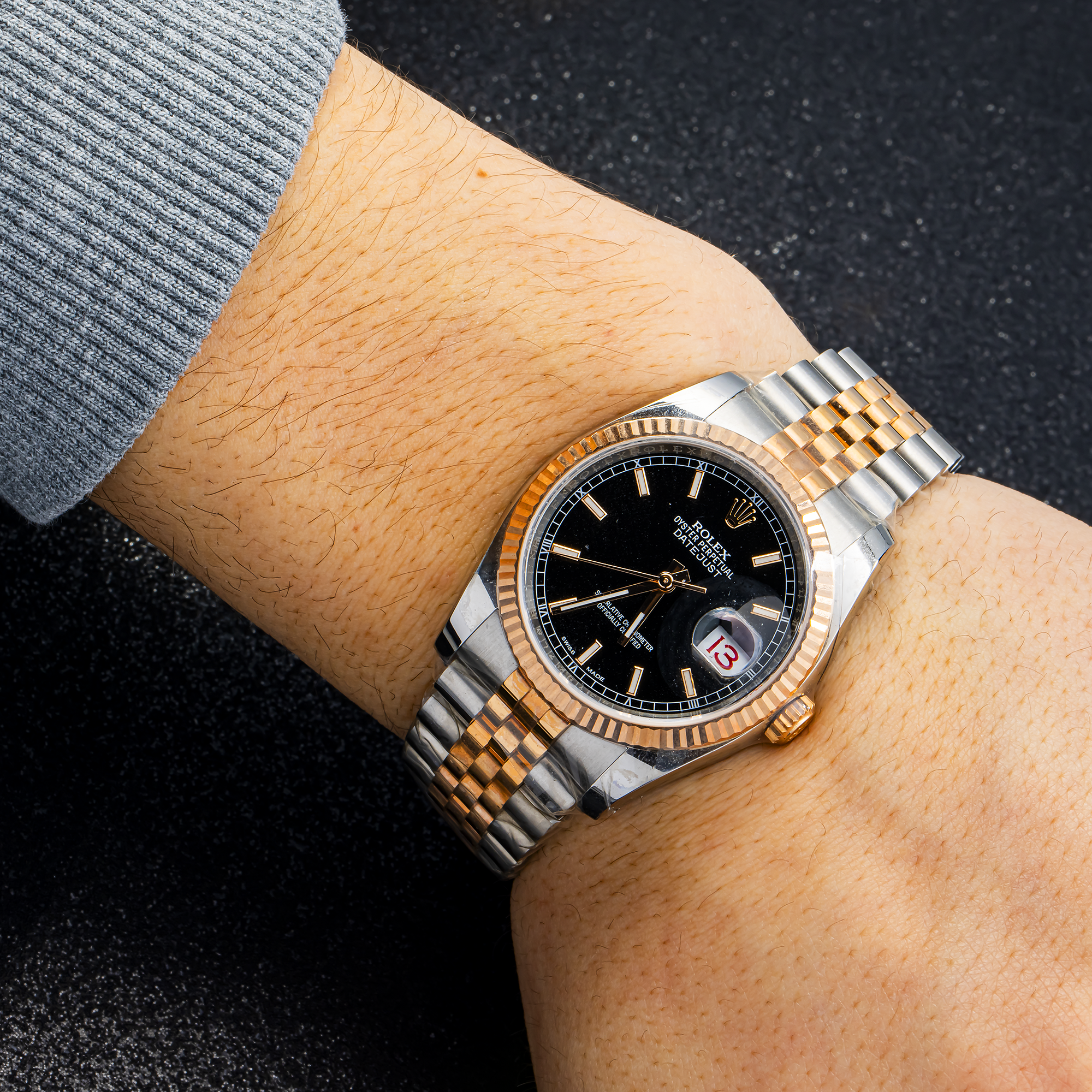 ROLEX DATEJUST 116231 TWO TONE ROSE BLACK INDEX DIAL