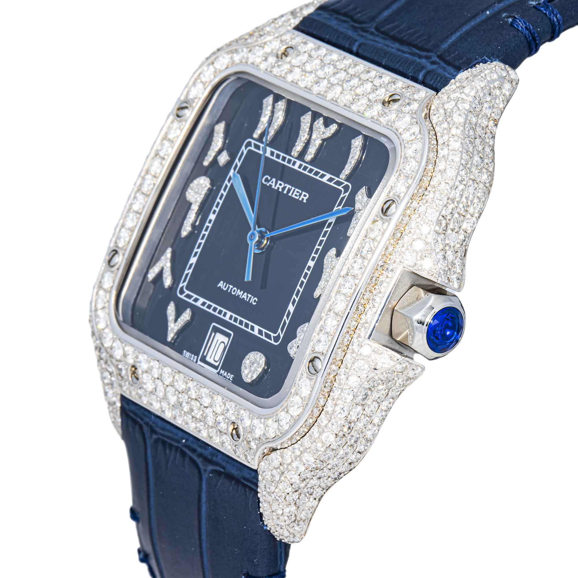 Cartier Santos 100 Blue Arabic Dial Full Diamond