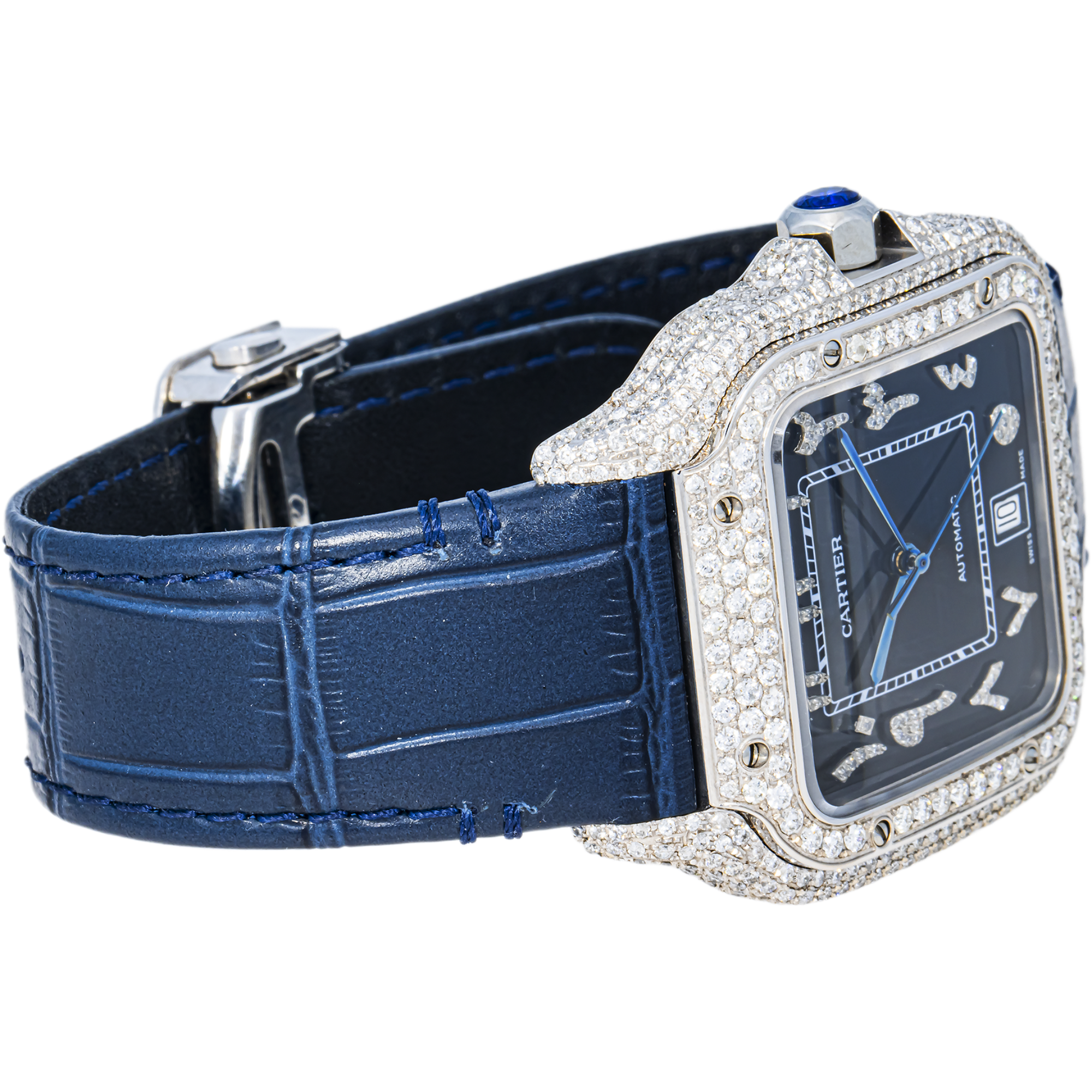 Cartier Santos 100 Blue Arabic Dial Full Diamond