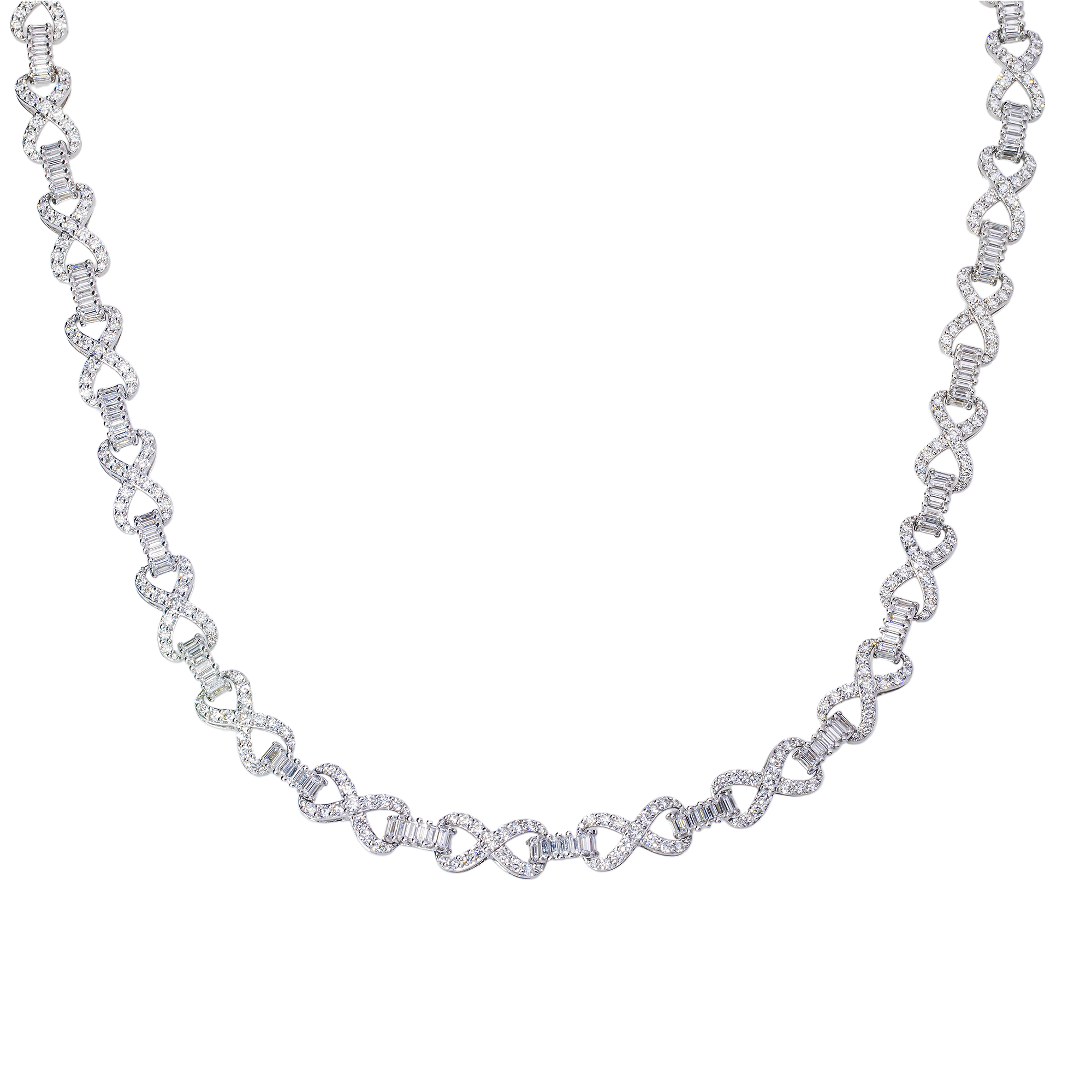 14K White Gold Diamond Infinity Heart Link Necklace – Lab Diamond Baguette & Round Cut Luxury Chain