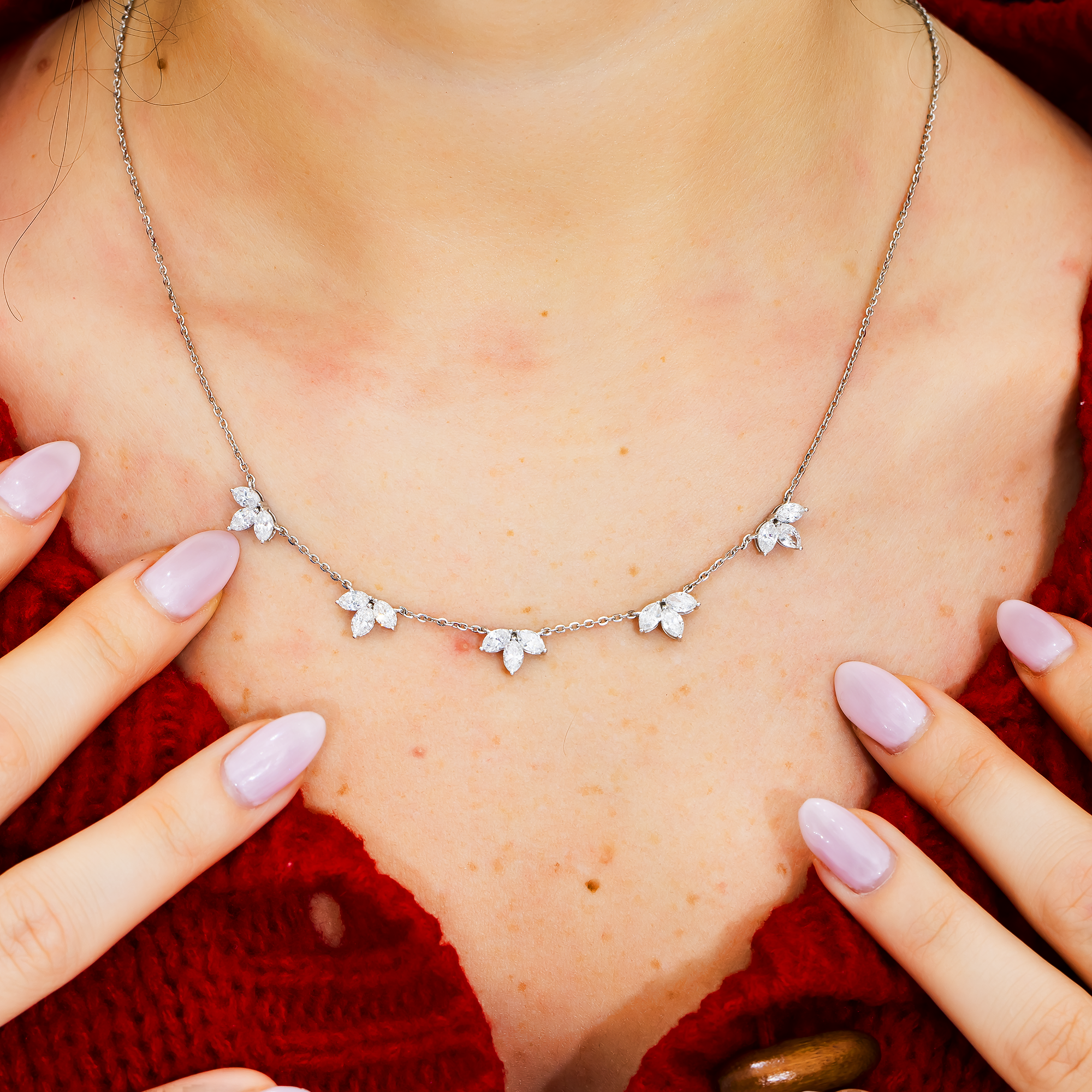 Marquise Diamond Cluster Station Necklace in 14K White Gold