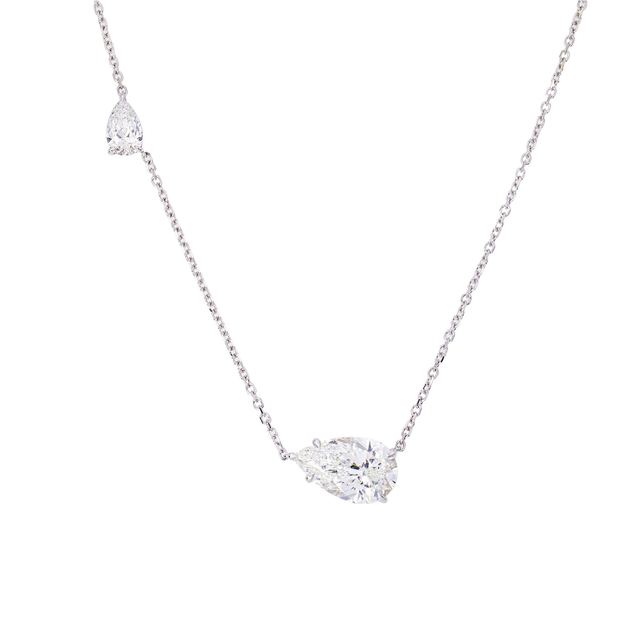 14K White Gold Dual Floating Pear Cut Diamond Station Necklace — East-West Set Pear Shape Diamonds