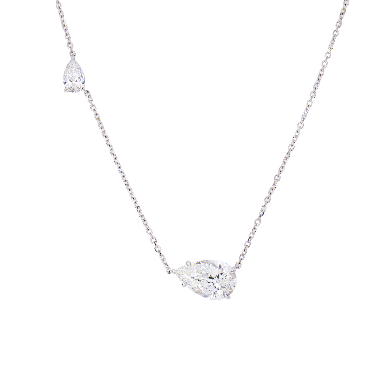 14K White Gold Dual Floating Pear Cut Diamond Station Necklace — East-West Set Pear Shape Diamonds