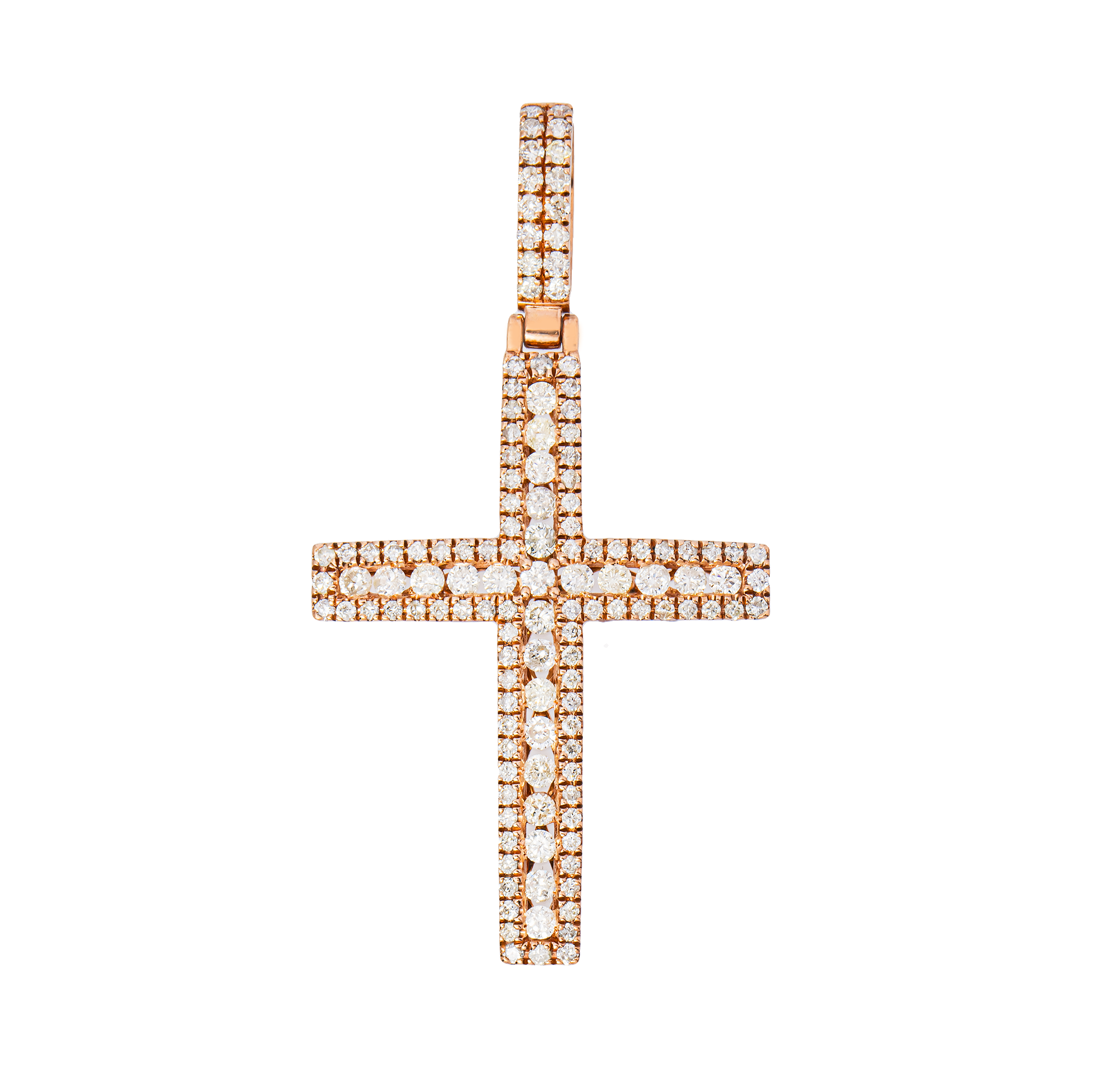 14K Rose Gold Three-Row Diamond Cross Pendant — Pavé Border & Center Prong-Set Round Brilliant Diamonds, Religious Charm Necklace
