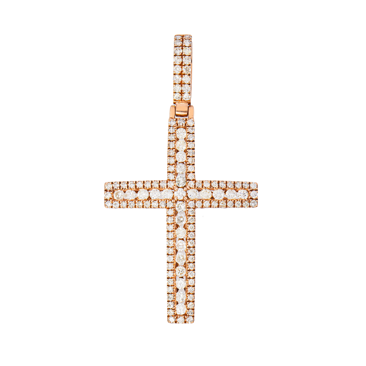 14K Rose Gold Cross Pendant — Pavé Border & Center Prong-Set