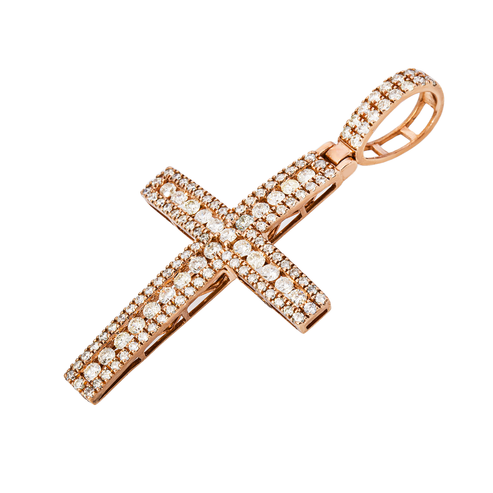 14K Rose Gold Three-Row Diamond Cross Pendant — Pavé Border & Center Prong-Set Round Brilliant Diamonds, Religious Charm Necklace