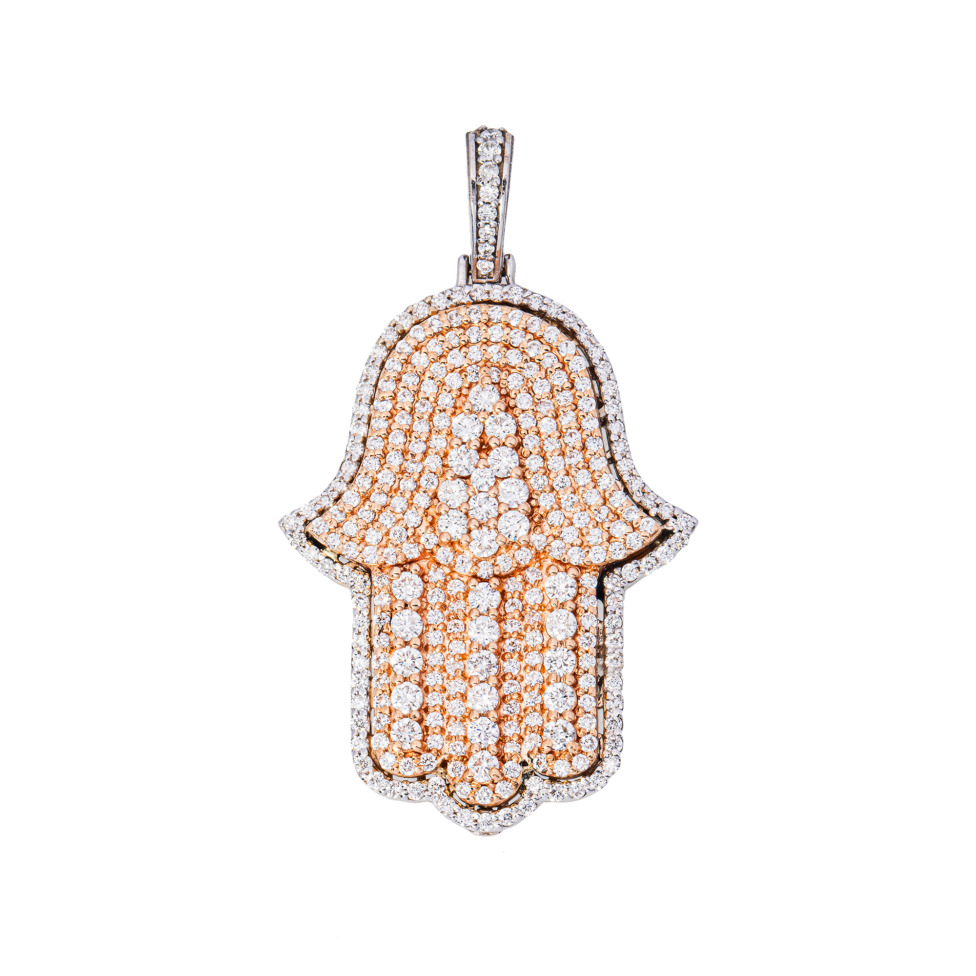 14K Two-Tone Rose & White Gold Full Pavé Diamond Hamsa Hand Pendant — Round Brilliant Cut Diamonds, Evil Eye Charm, Protection Symbol Necklace