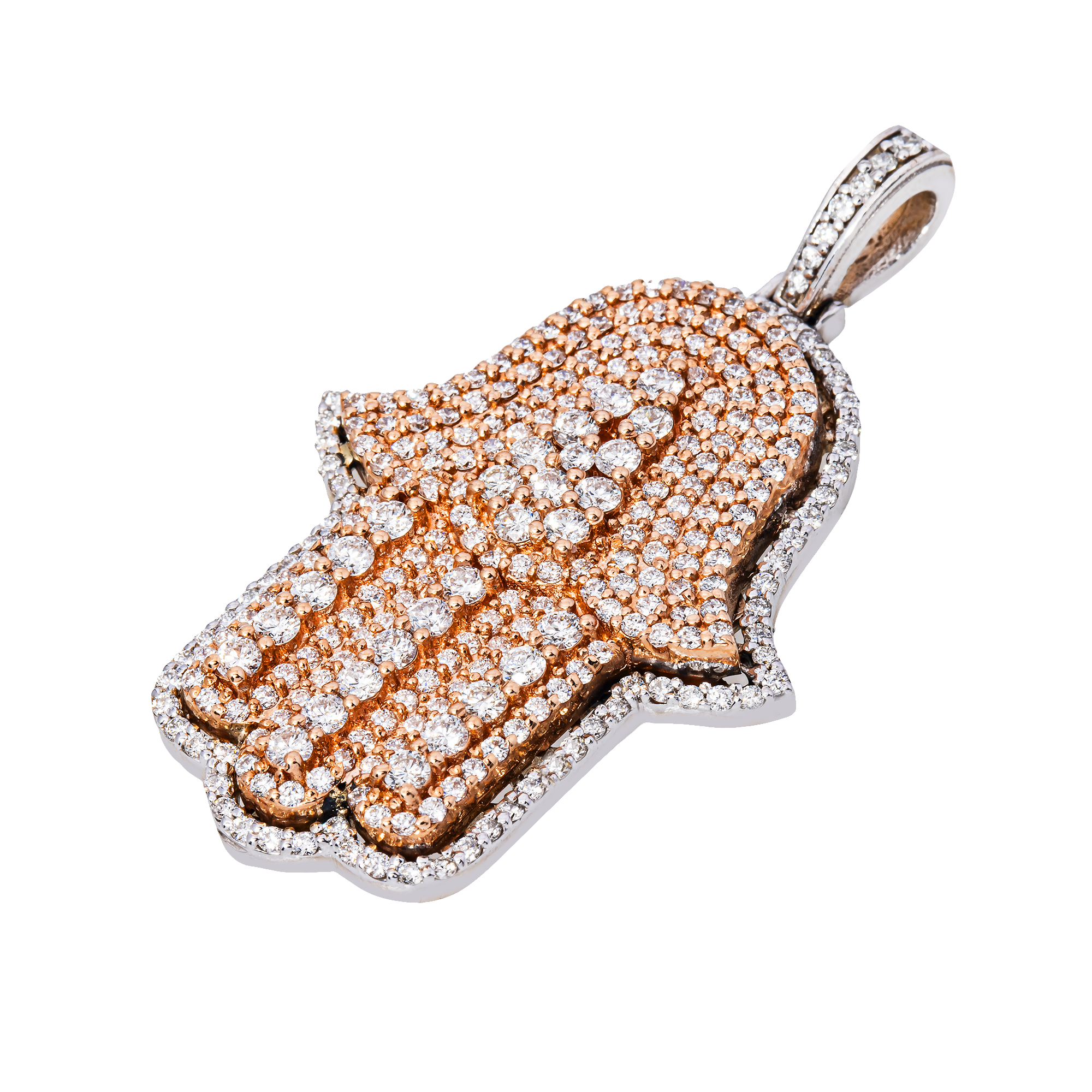 14K Two-Tone Rose & White Gold Full Pavé Diamond Hamsa Hand Pendant — Round Brilliant Cut Diamonds, Evil Eye Charm, Protection Symbol Necklace