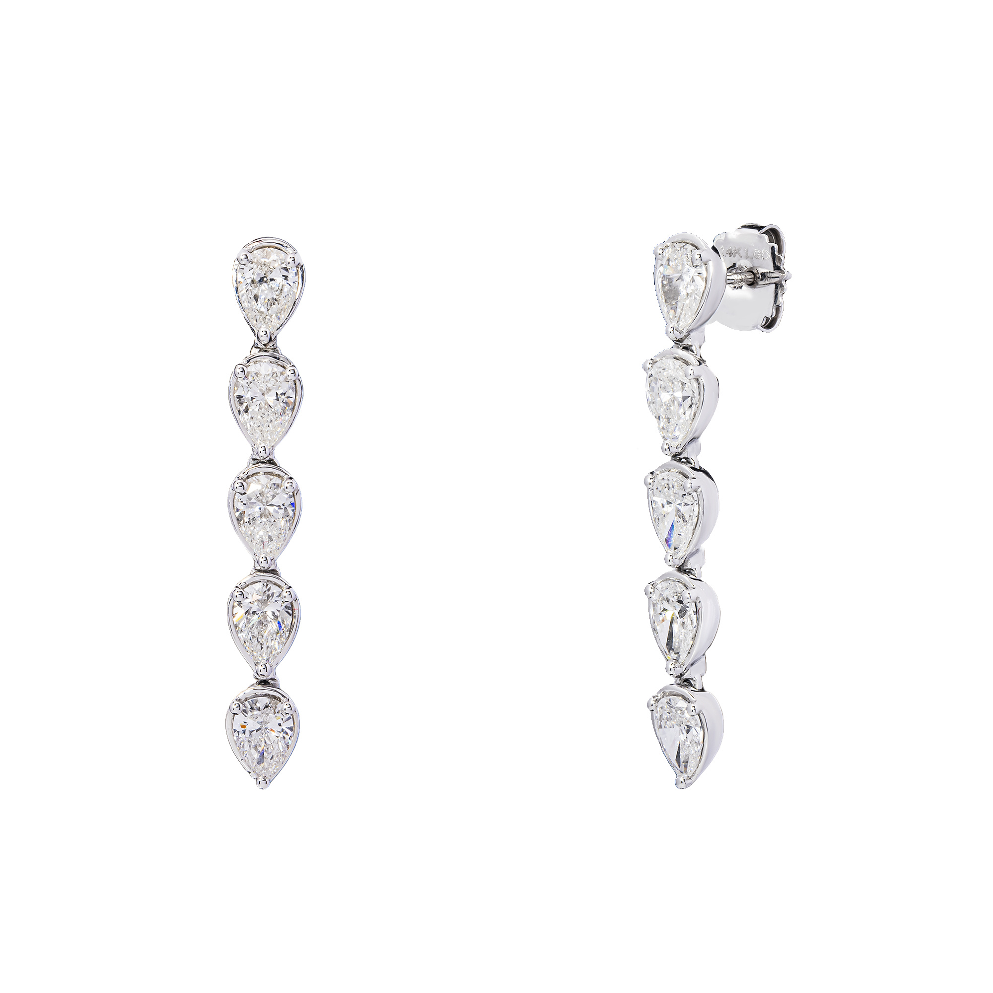 14K White Gold Pear Round Brilliant Diamond Linear Drop Earrings