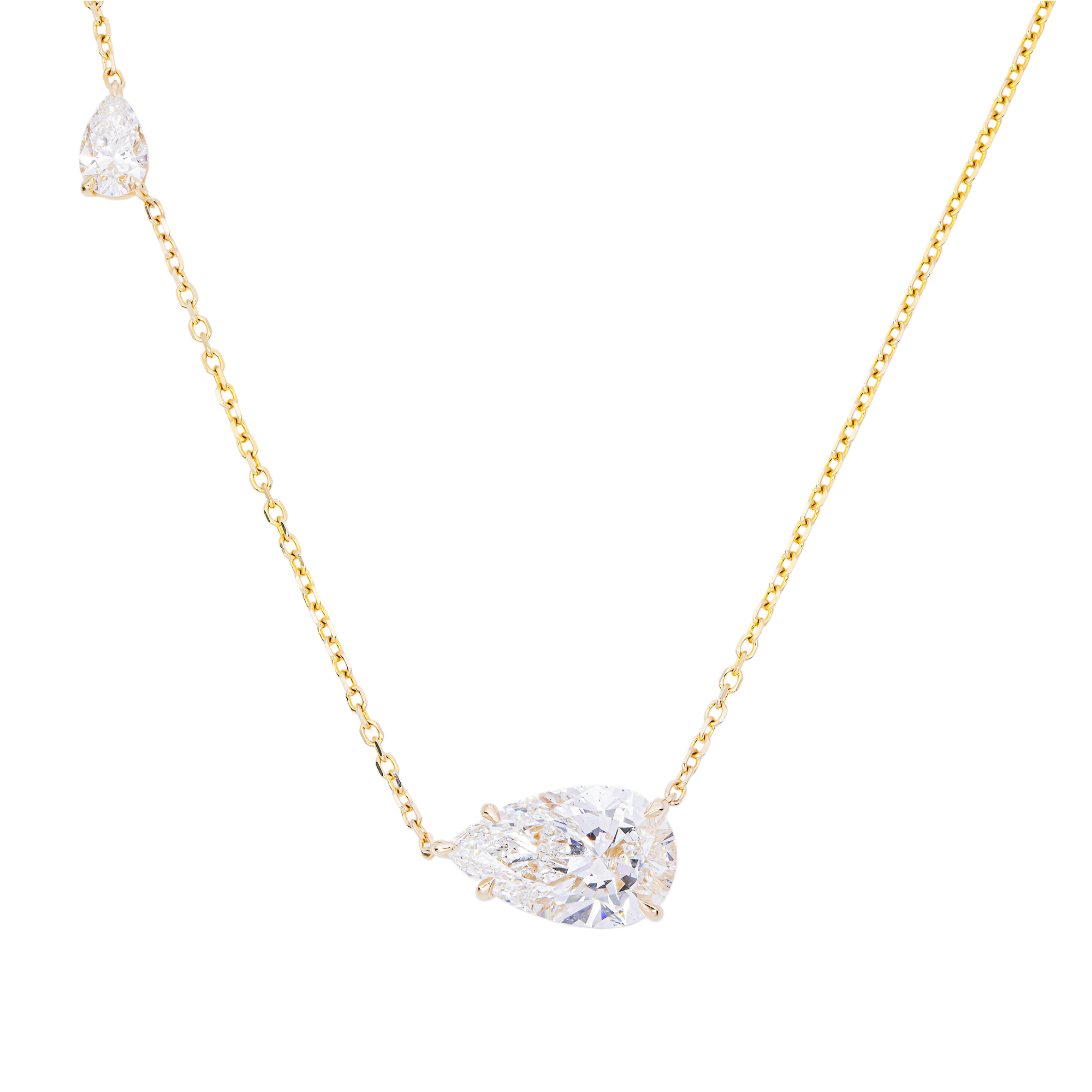 14K Yellow Gold Dual Floating Pear Cut Diamond Station Necklace — East-West Set Pear Shape Diamonds, Minimalist Bridal Fine Jewelry