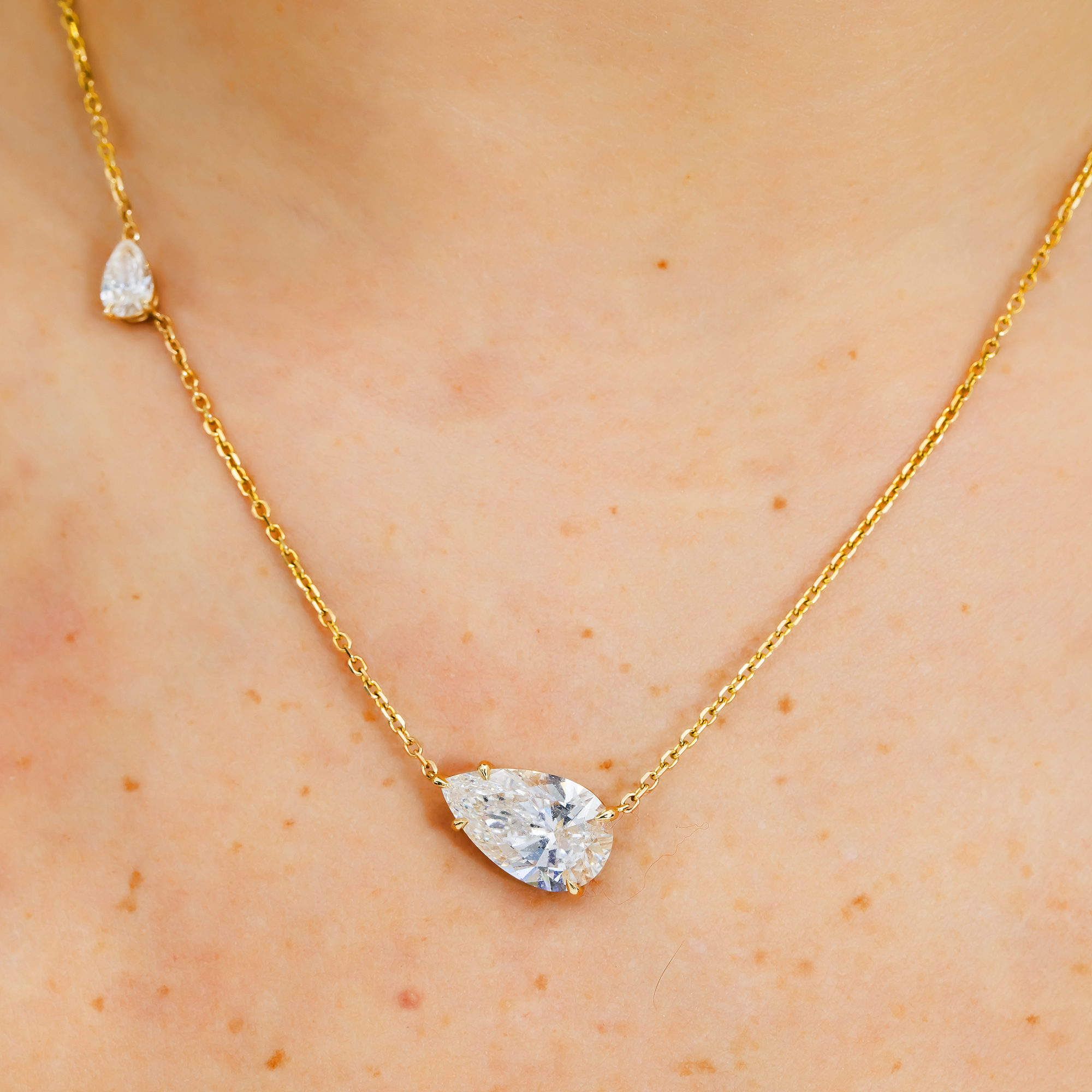 14K Yellow Gold Dual Floating Pear Cut Diamond Station Necklace — East-West Set Pear Shape Diamonds, Minimalist Bridal Fine Jewelry