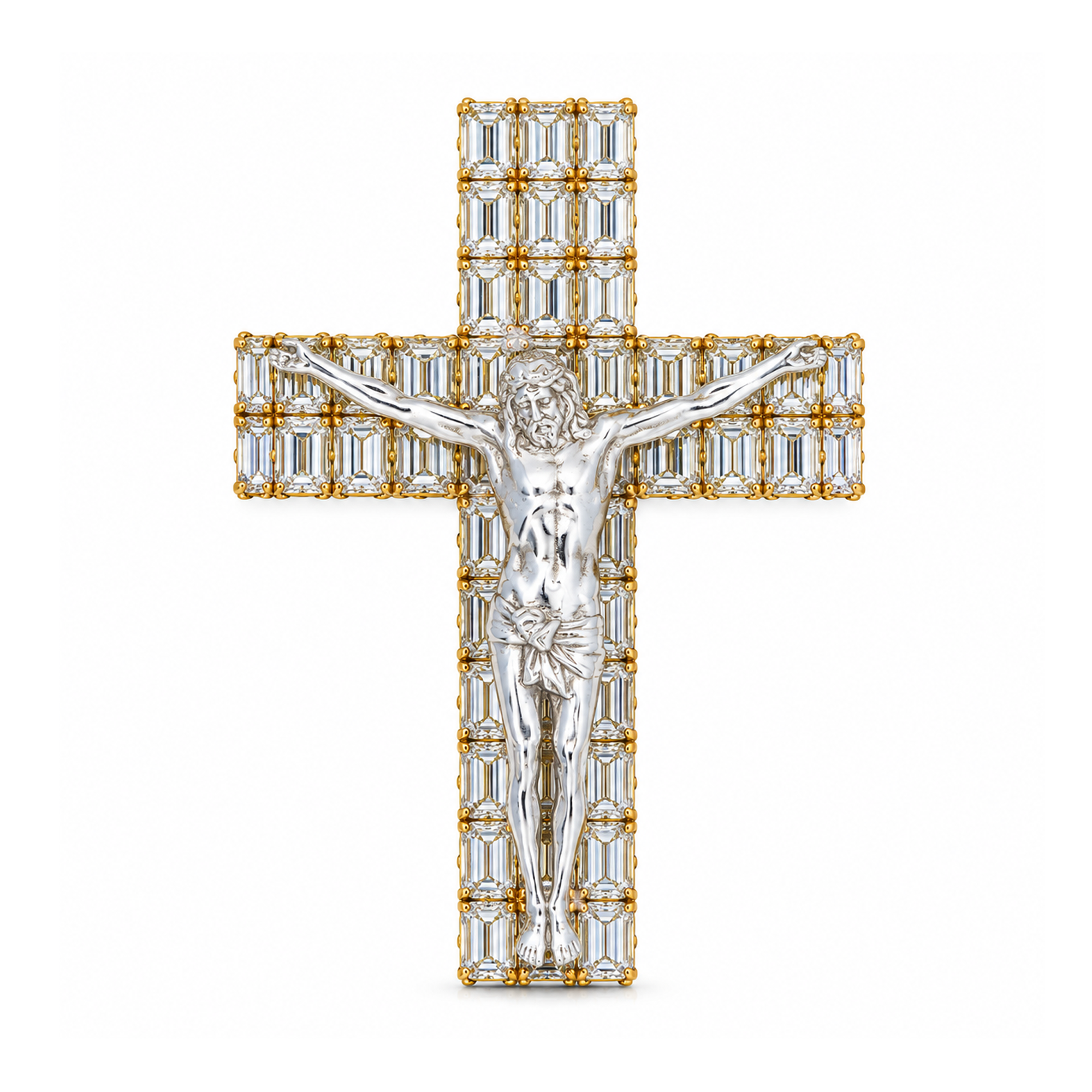 14K Rose Emerald Diamond Cross With Jesus Pendant