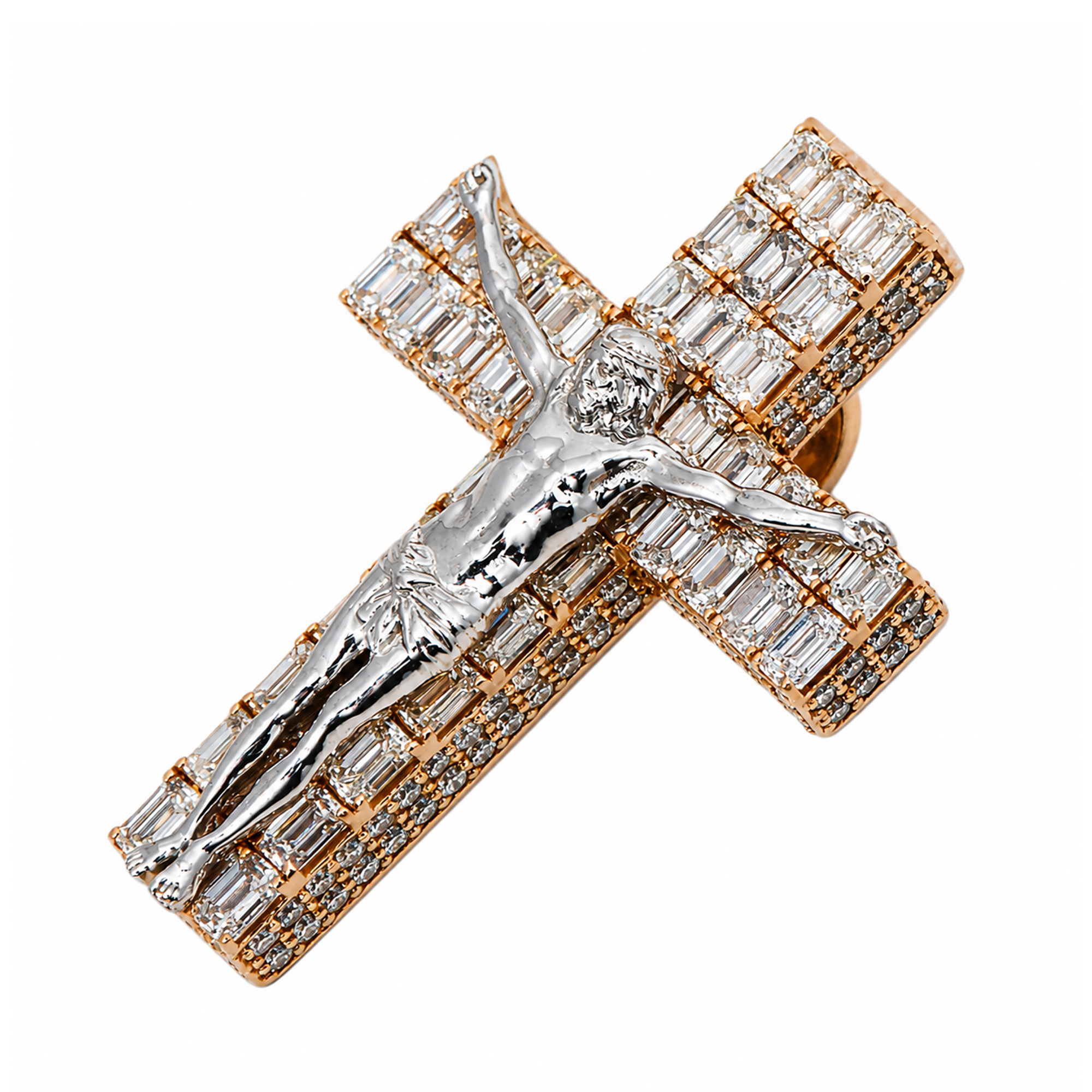 14K Rose Emerald Diamond Cross With Jesus Pendant