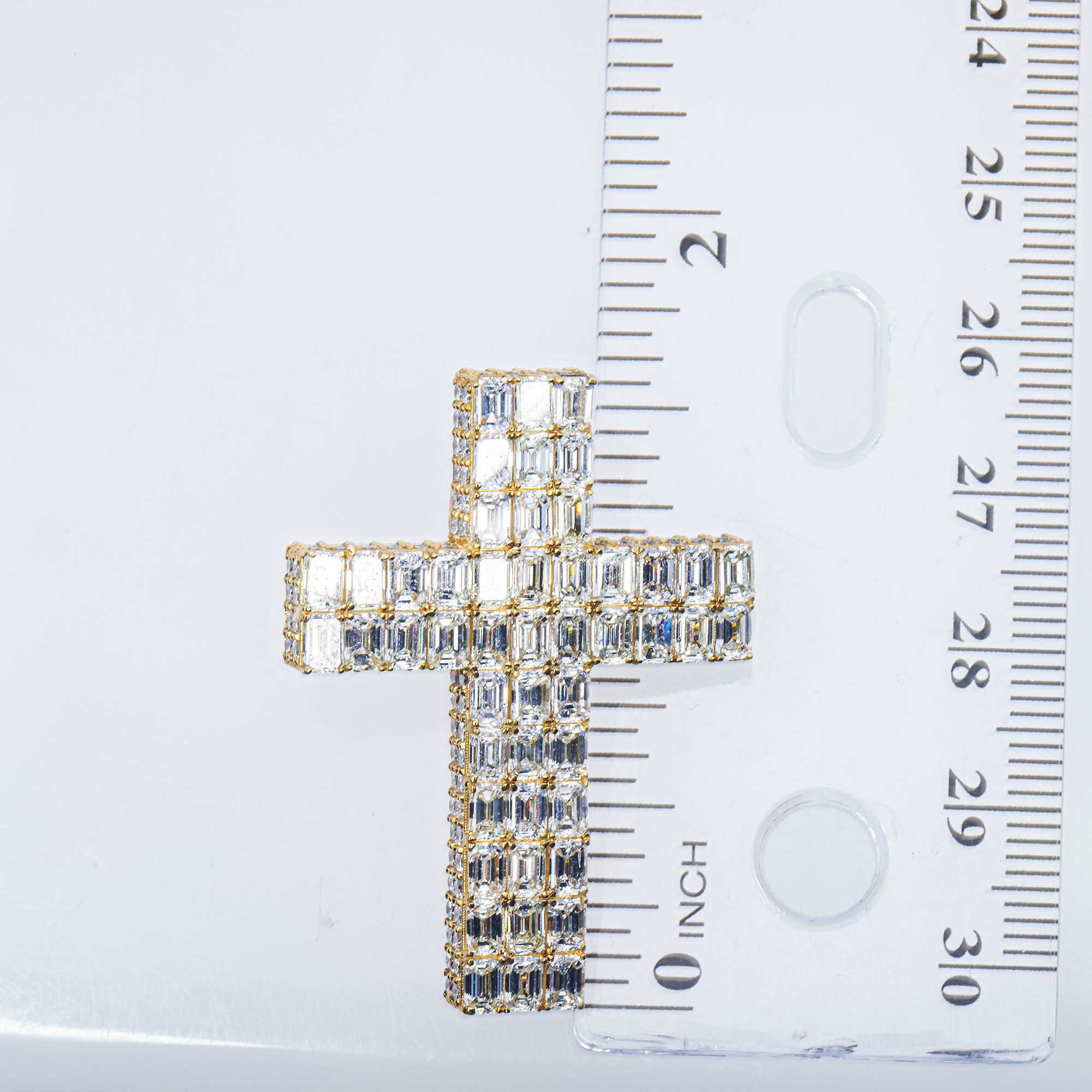 14K Yellow Emerald And Circle Diamond Invisible Set Cross Pendant