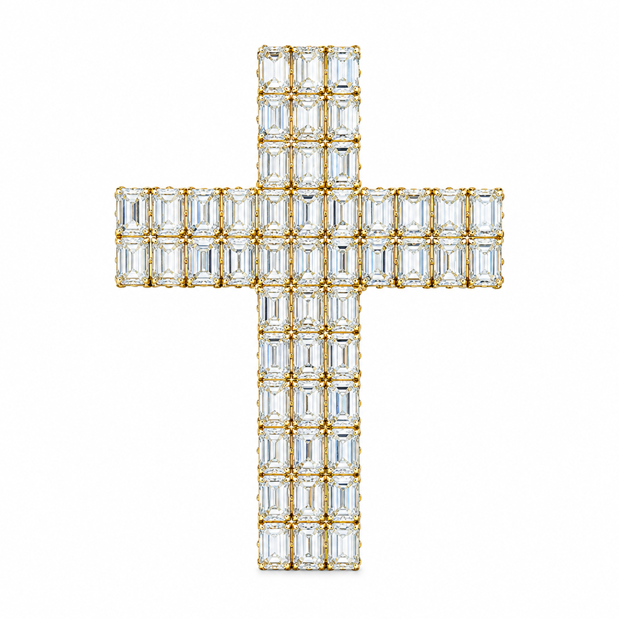 14K Yellow Emerald And Circle Diamond Invisible Set Cross Pendant