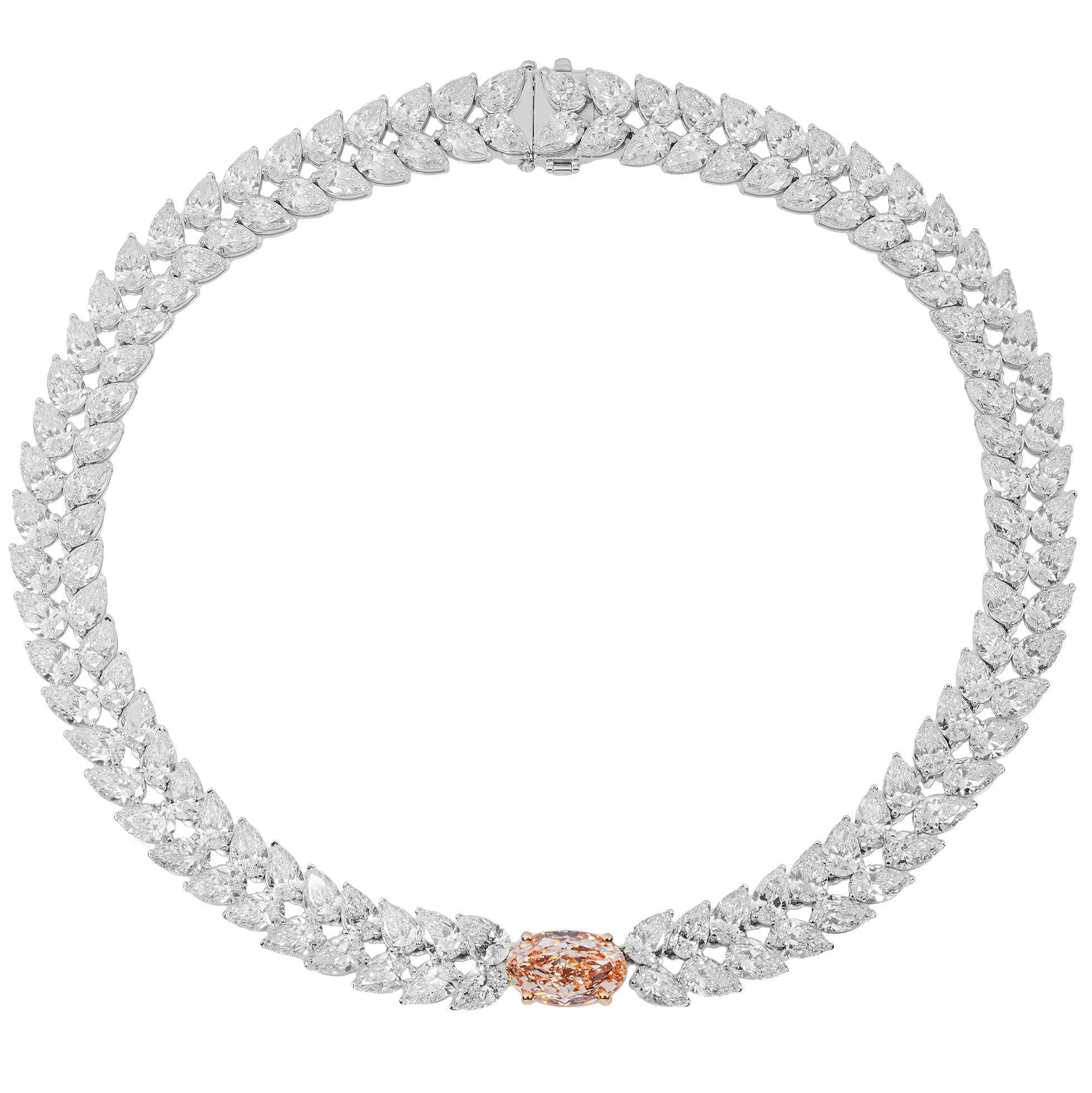 Lab Grown 99 Carat Pear Diamond Necklace with 9 Carat Pink Diamond Center 14K White Gold Statement Necklace