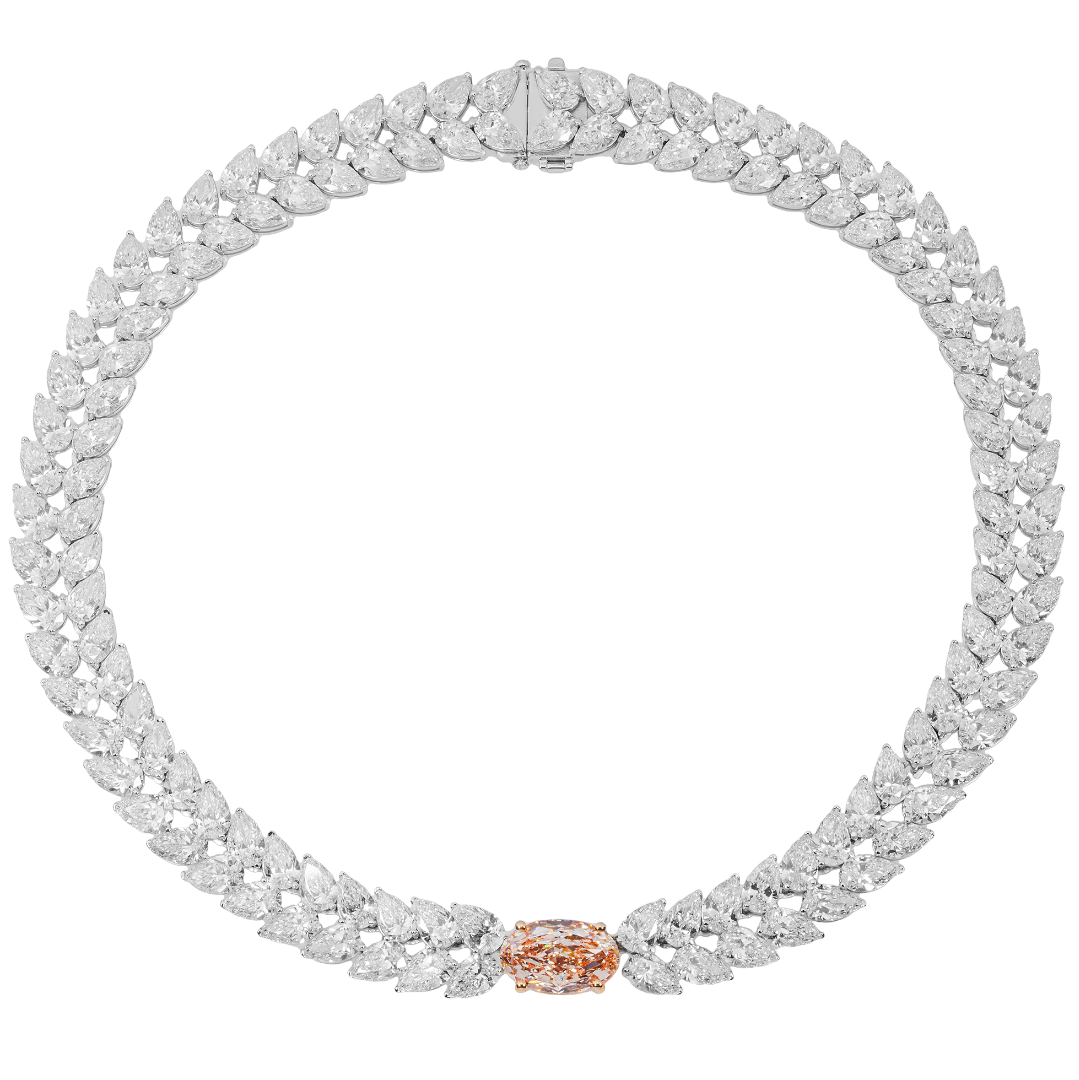 Lab Grown 99 Carat Pear Diamond Necklace with 9 Carat Pink Diamond Center 14K White Gold Statement Necklace