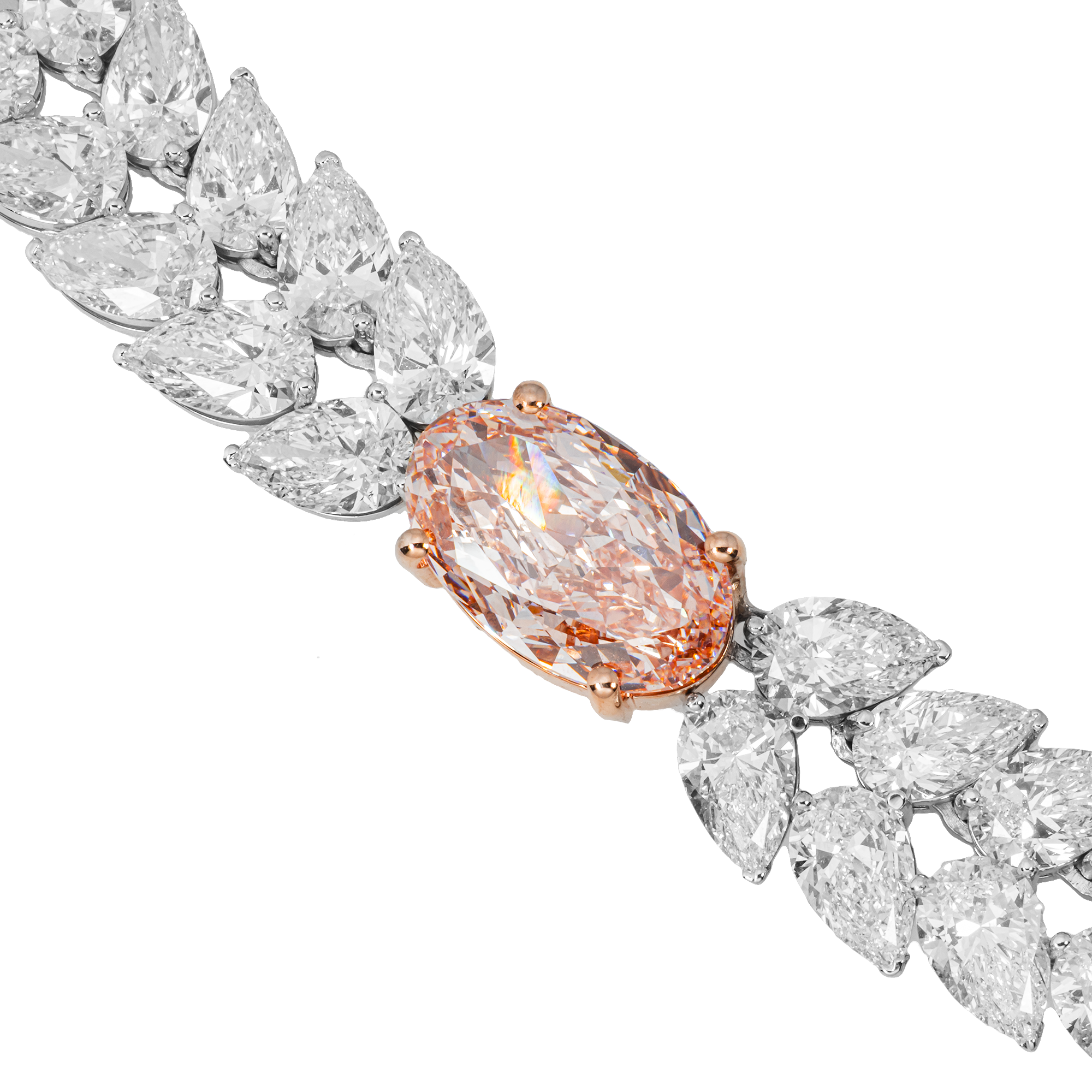 Lab Grown 99 Carat Pear Diamond Necklace with 9 Carat Pink Diamond Center 14K White Gold Statement Necklace