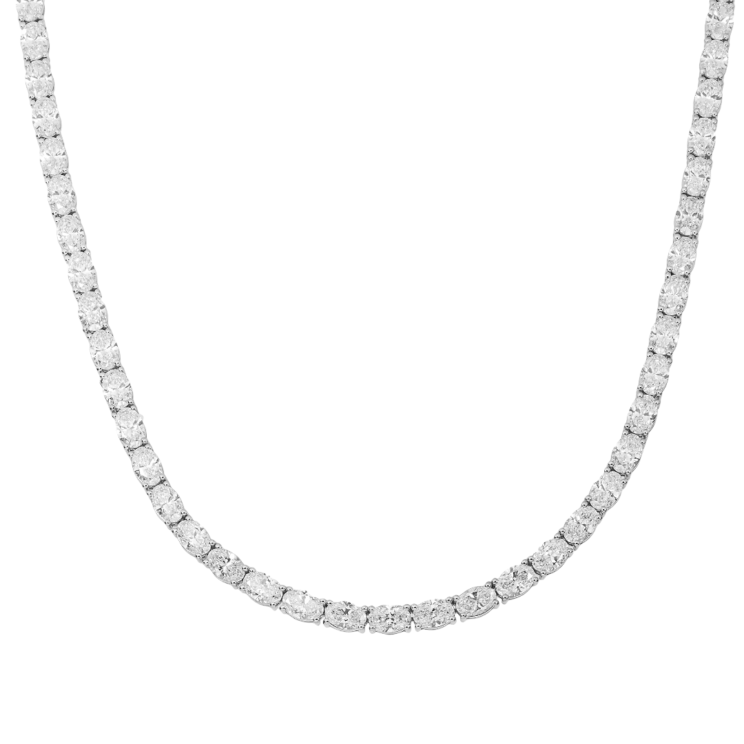Oval Lab Diamond Tennis Necklace in 14K White Gold – 35 Carat East-West Set