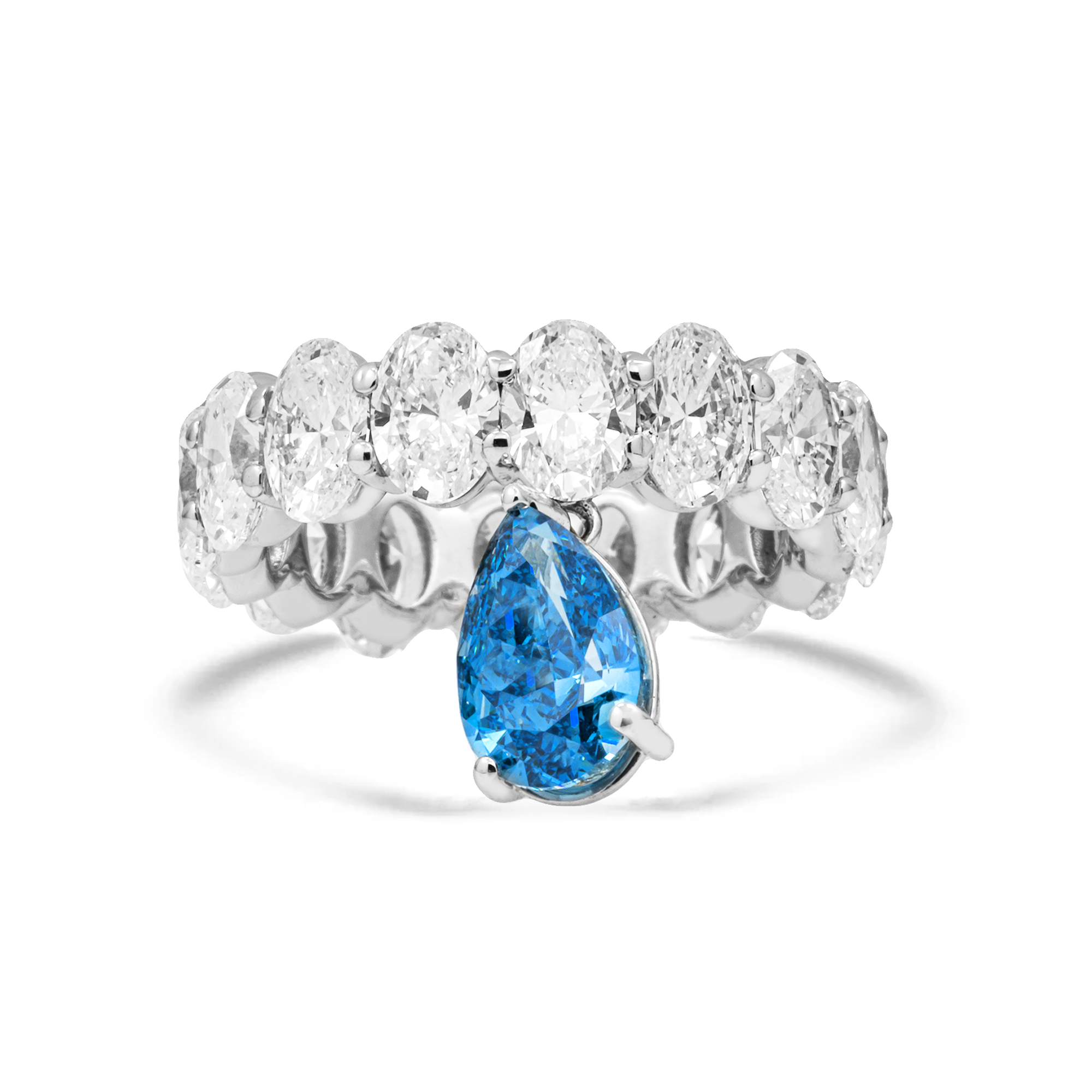 14.84 Carat Oval Lab Diamond Eternity Band with 5 Carat Pear Blue Diamond Drop – 14K White Gold