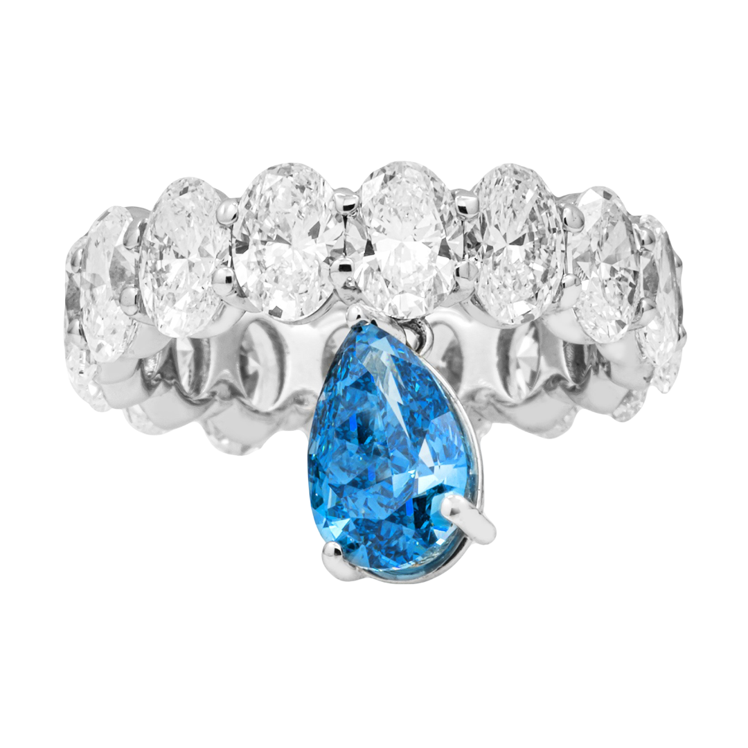 14.84 Carat Oval Lab Diamond Eternity Band with 5 Carat Pear Blue Diamond Drop – 14K White Gold