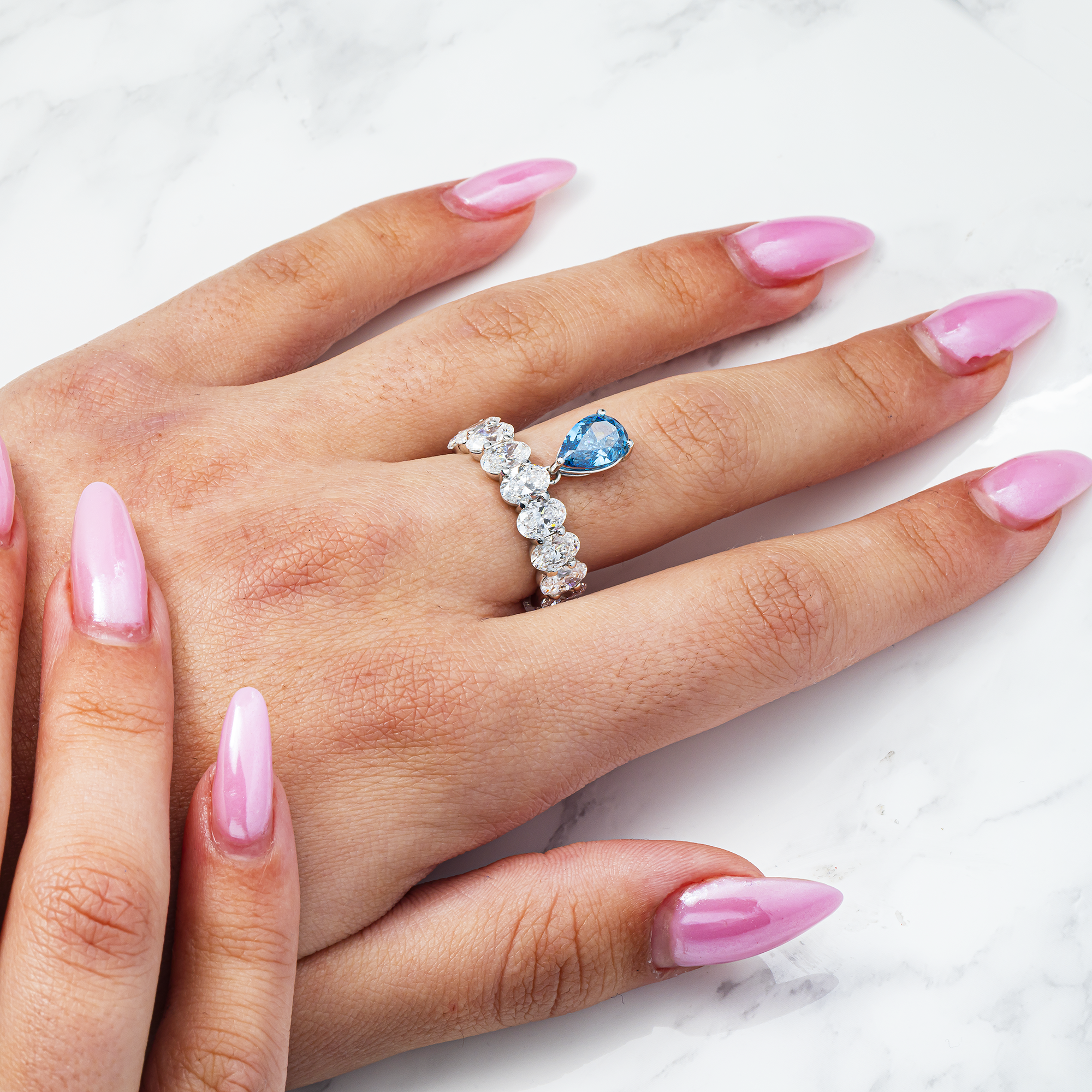 14.84 Carat Oval Lab Diamond Eternity Band with 5 Carat Pear Blue Diamond Drop – 14K White Gold