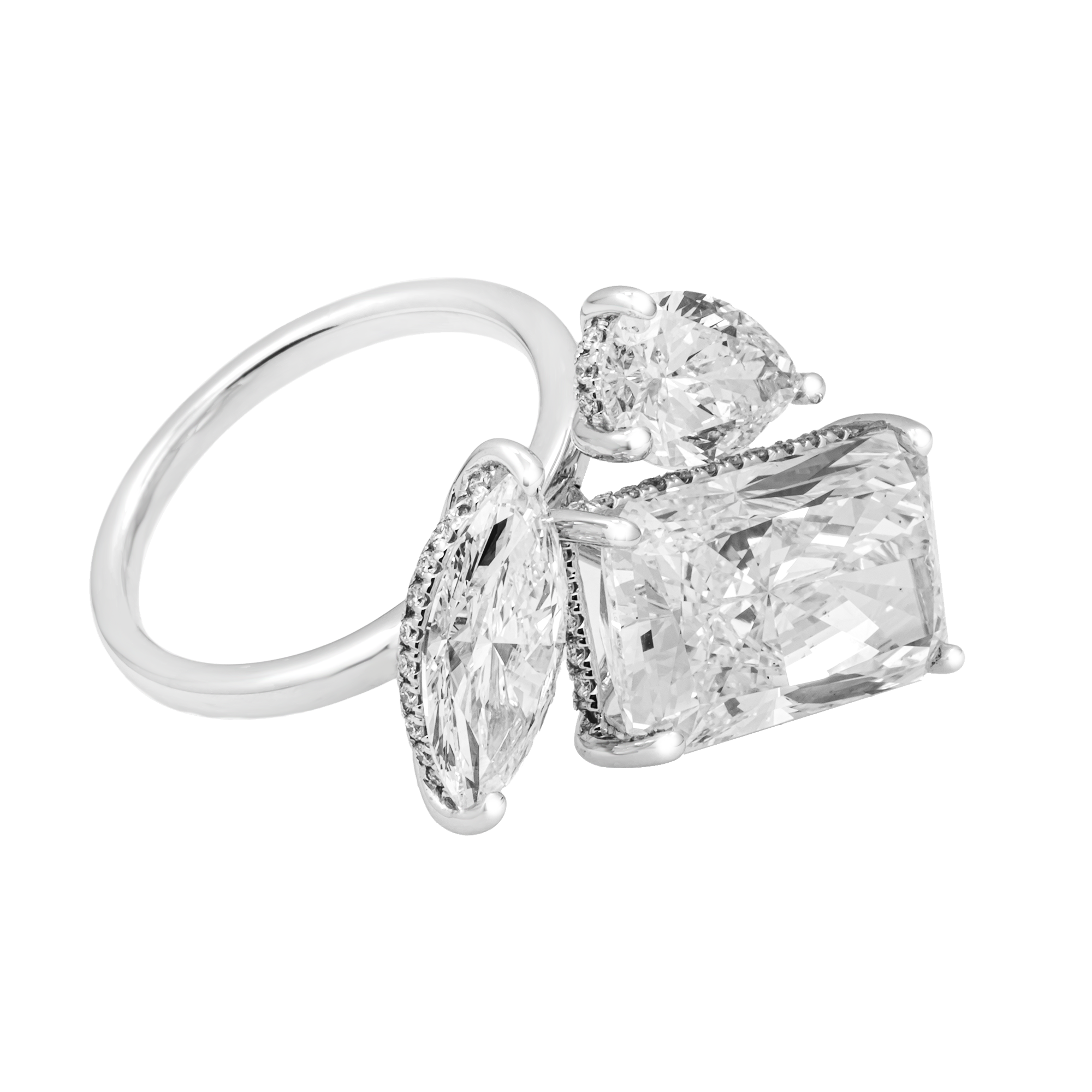 Radiant Cut Lab Diamond Three-Stone Ring with Pear Side Diamonds – 11.21 Carats Total, IGI Certified