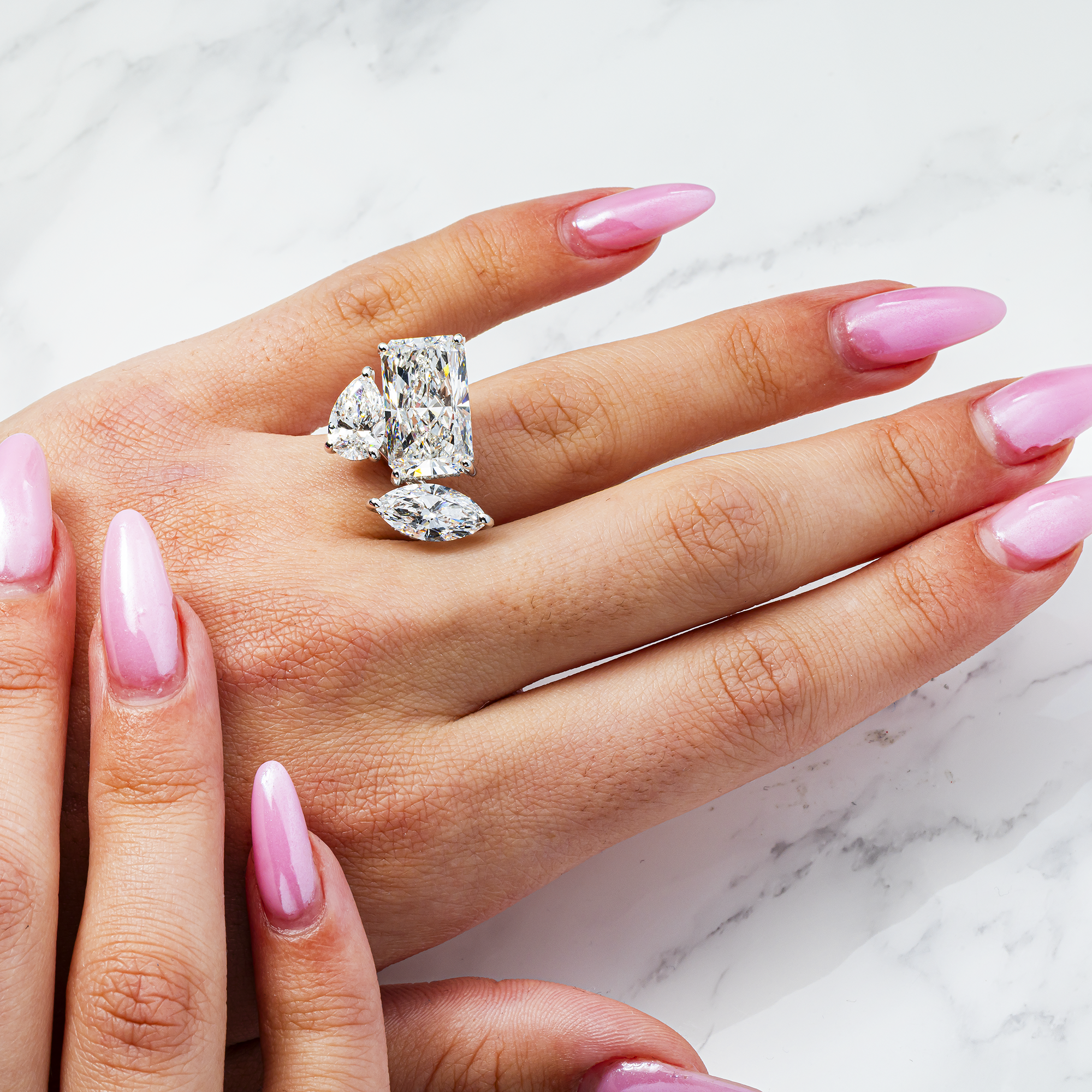 Radiant Cut Lab Diamond Three-Stone Ring with Pear Side Diamonds – 11.21 Carats Total, IGI Certified